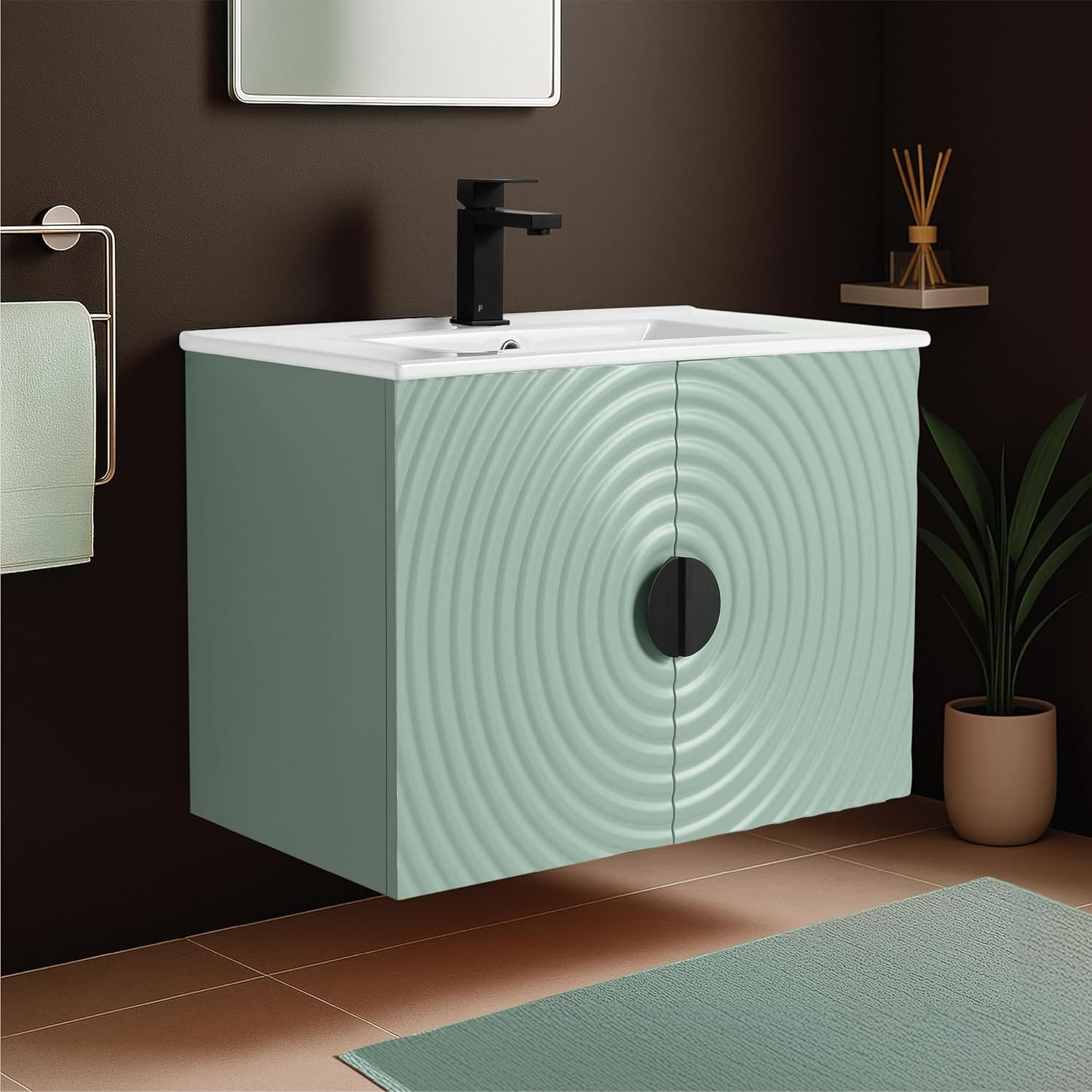 Mint Green 30″ Floating Bathroom Vanity with Sink & Fluted Door Design