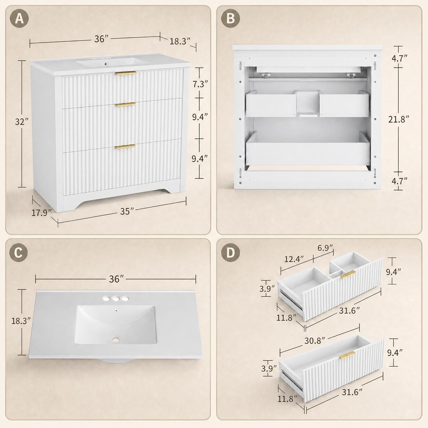 Bathroom Vanity w/ Sink,Fluted Freestanding Vanity Cabinet,Ceramic Basin Vanity