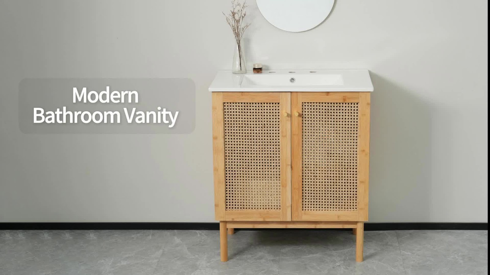 30 Inch Bathroom Vanity with Rattan Doors & Ceramic Basin
