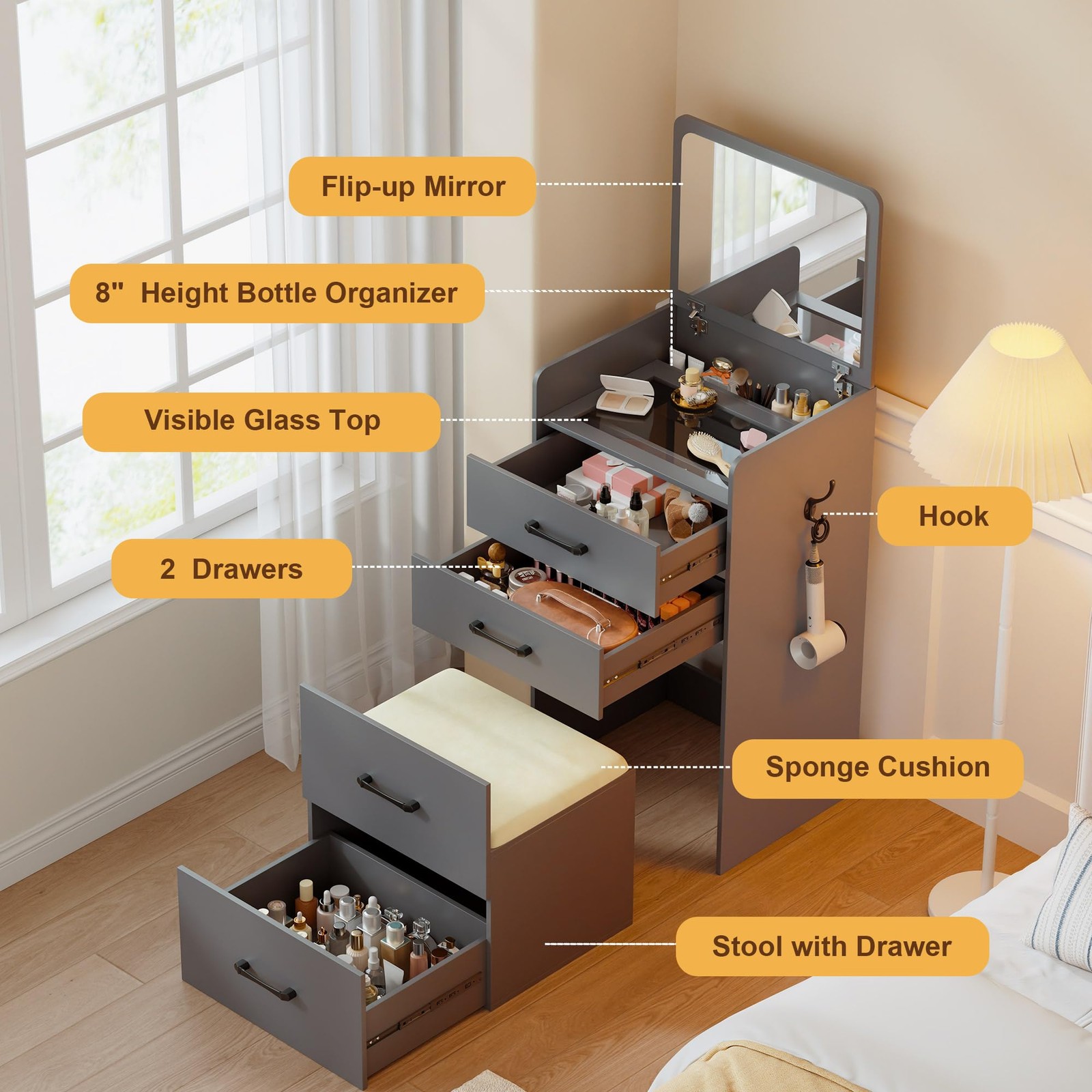 3-in-1 Vanity Desk Set with Mirror and Cushioned Stool Grey Makeup Dressing