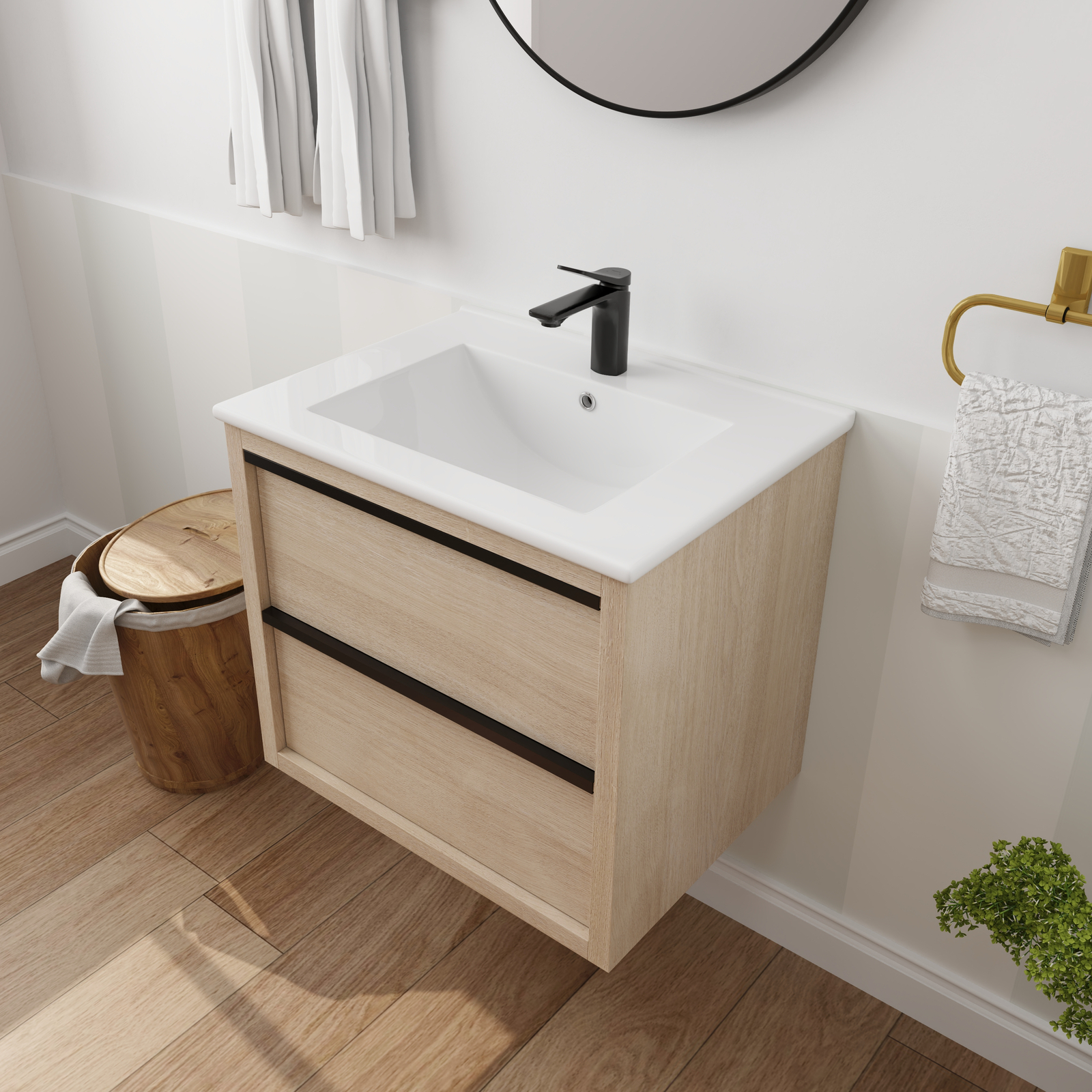 24In Wood Wall Mounted Bathroom Vanity W/ Undermount Ceramic Sink Basin 2Drawers
