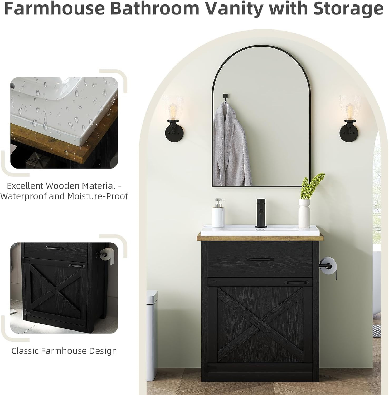 4Ever2Buy 24 Inch Bathroom Vanity with Sink, Farmhouse Bathroom Vanity Cabinet w