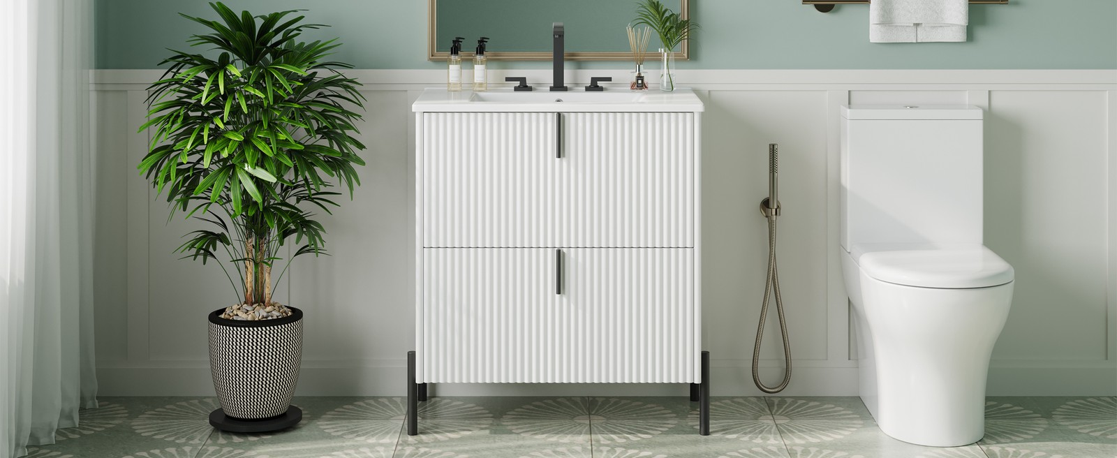30″ White Bathroom Vanity with Ceramic Sink & Soft Close Drawers