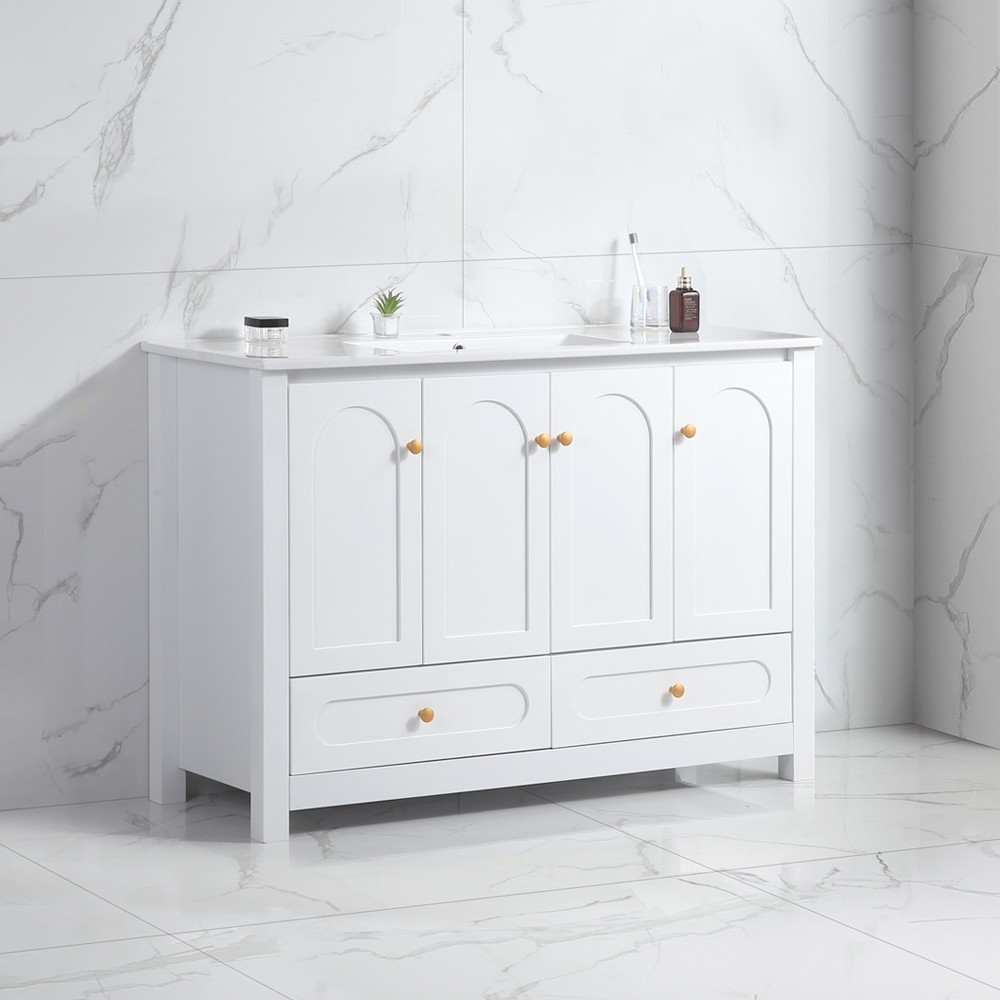 48″ White Bathroom Vanity w/Ceramic Sink Combo,Soft close doors & 2 Drawers