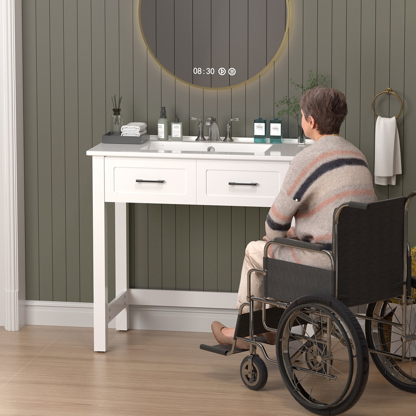36″ Bathroom Vanity w/ a Tip-out Drawer & Ceramic Sink ADA Compliant for Elderly