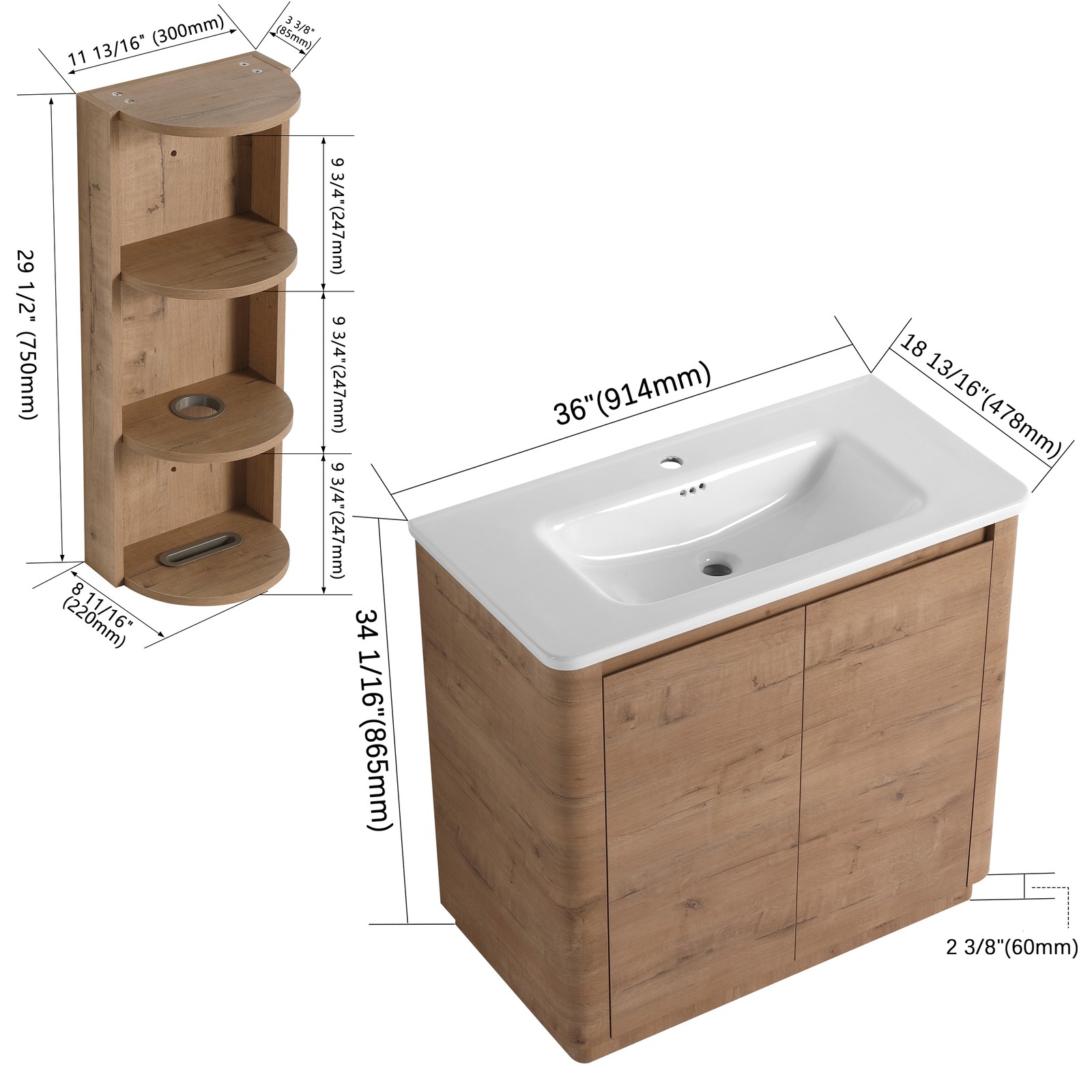 36 inch Freestanding Bathroom Vanity Cabinet W/ Ceramic Sink Basin Storage Rack
