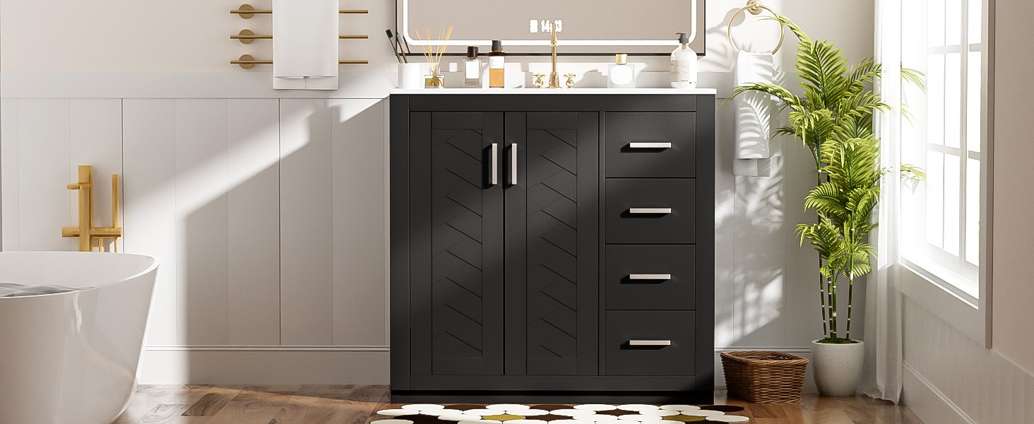 36″ Bathroom Vanity with Ceramic Sink, Solid Wood Frame, 3 Drawers, Black