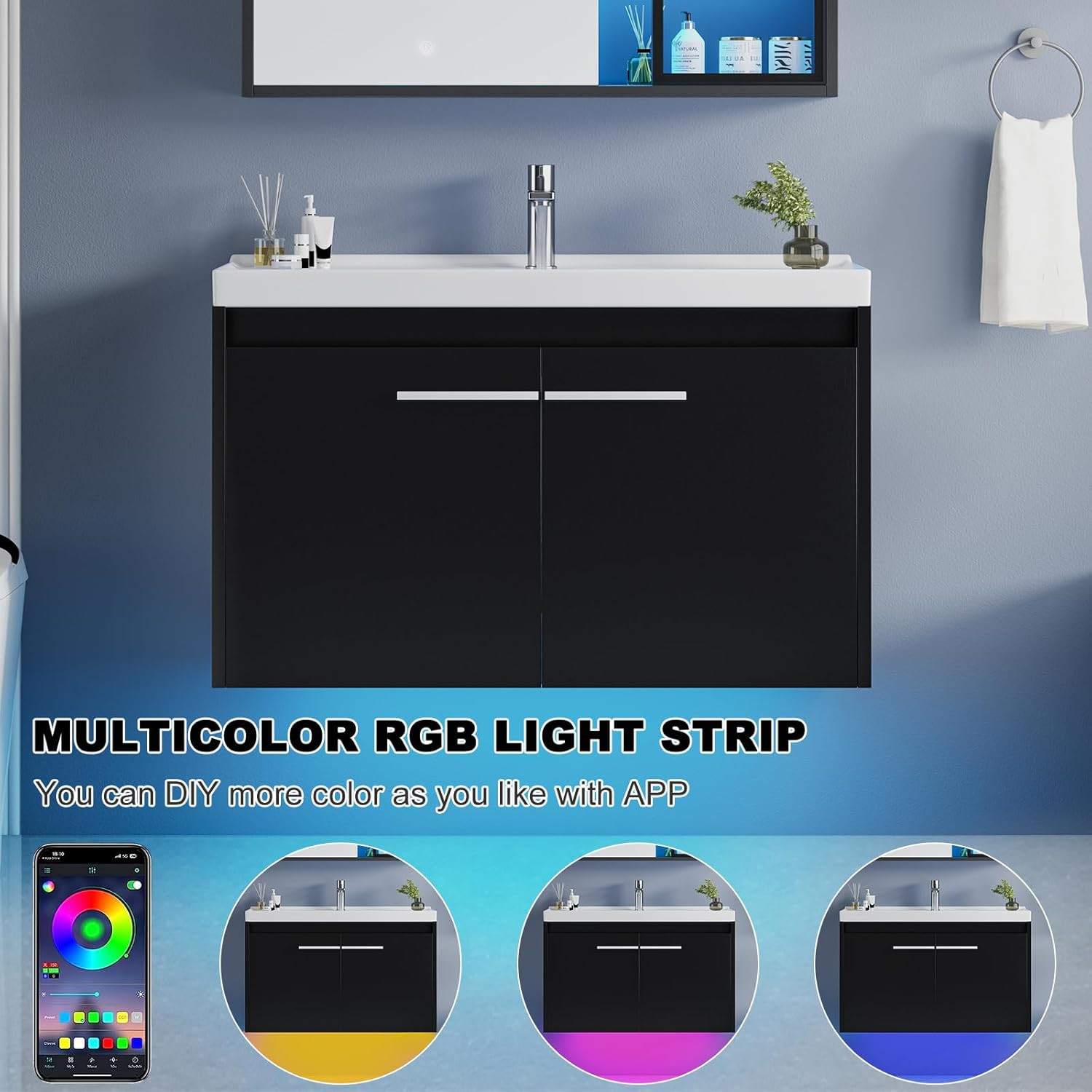 4Ever2Buy 31″ Black Floating Vanity w/ Sink LED Light 2 Doors