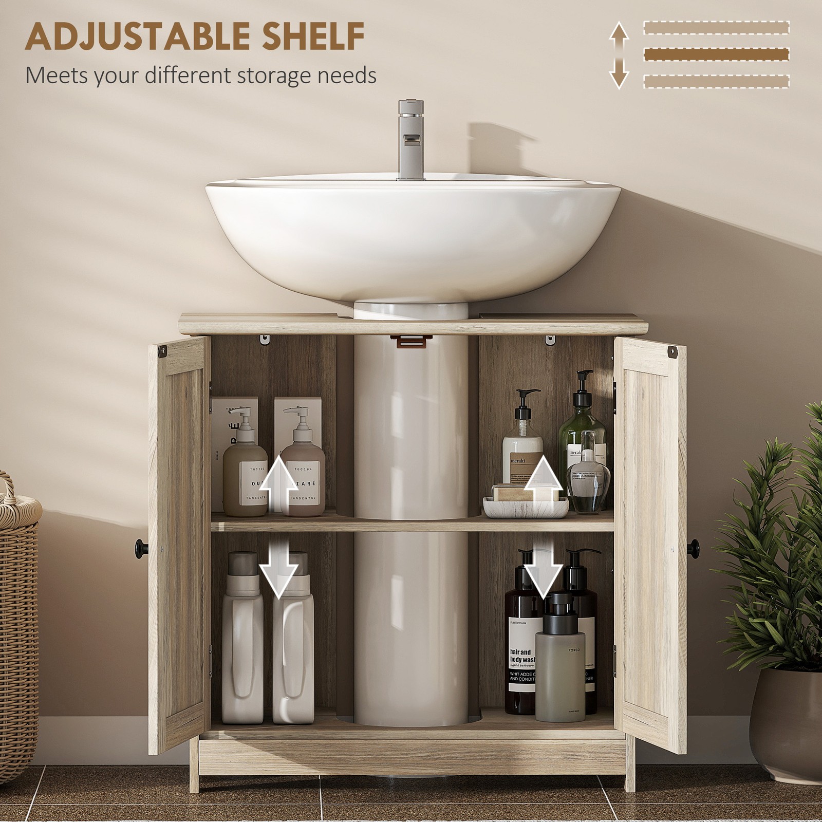 Under Sink Bathroom Cabinet with 2 Doors and Shelf, Gray Oak