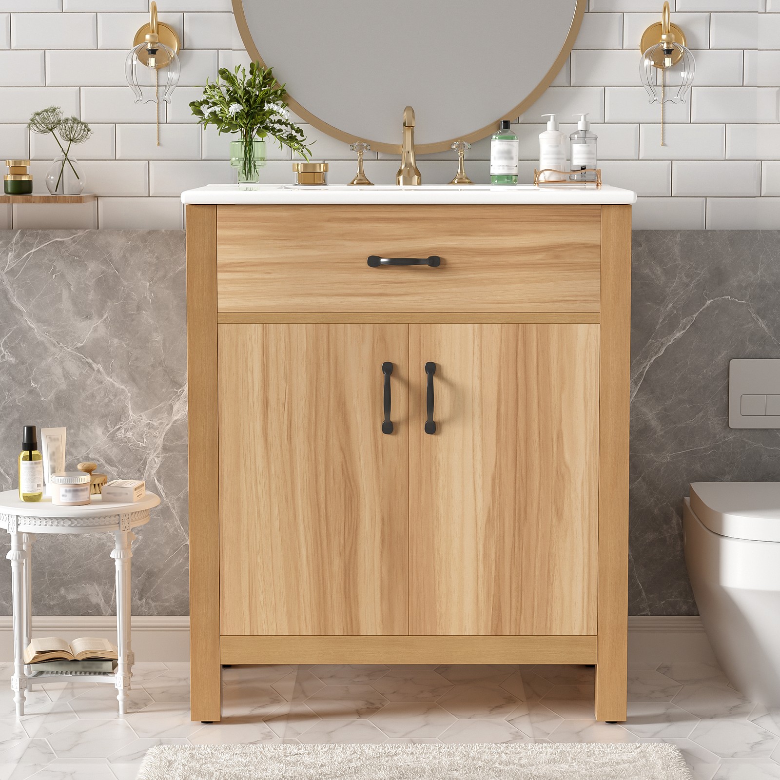 30″ Wood Bathroom Vanity with Solid Wood Frame, 2 Soft Close Doors,1 Flip Drawer