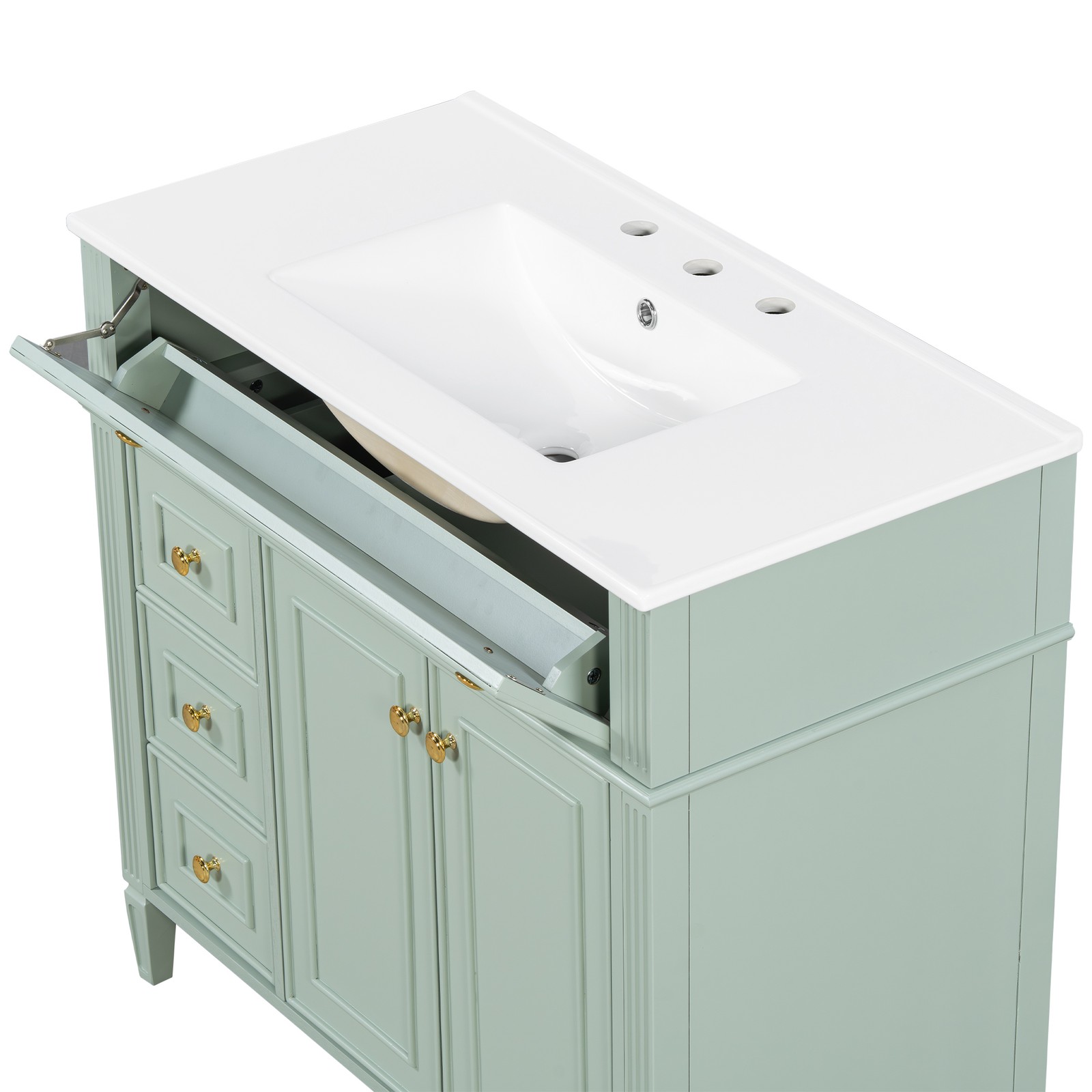 36 Inch Bathroom Vanity with Sink, Green Solid Wood Cabinet, Gold Handles