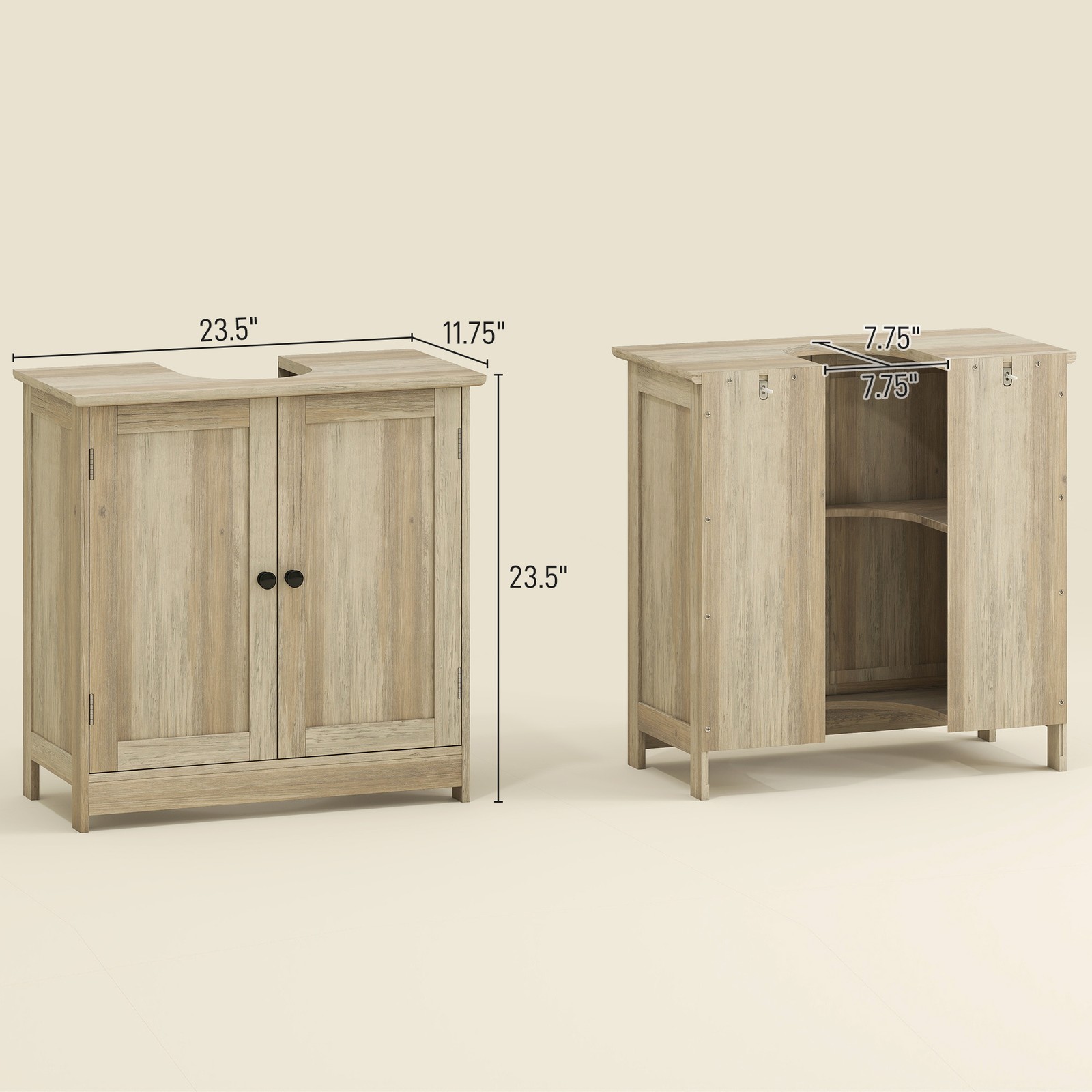 Under Sink Bathroom Cabinet with 2 Doors and Shelf, Gray Oak