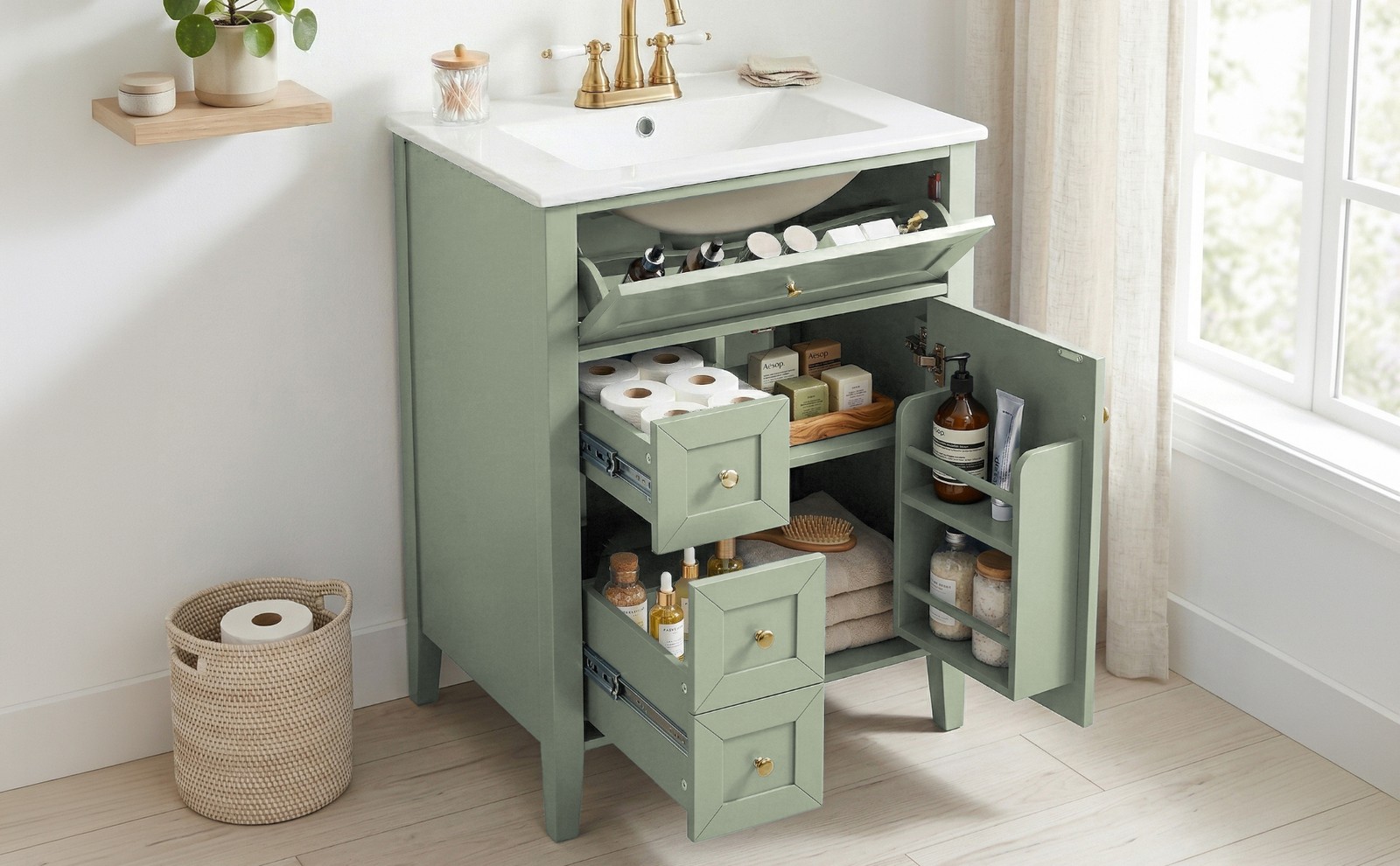 24″ Light Green Bathroom Vanity with Ceramic Sink and Storage Drawers