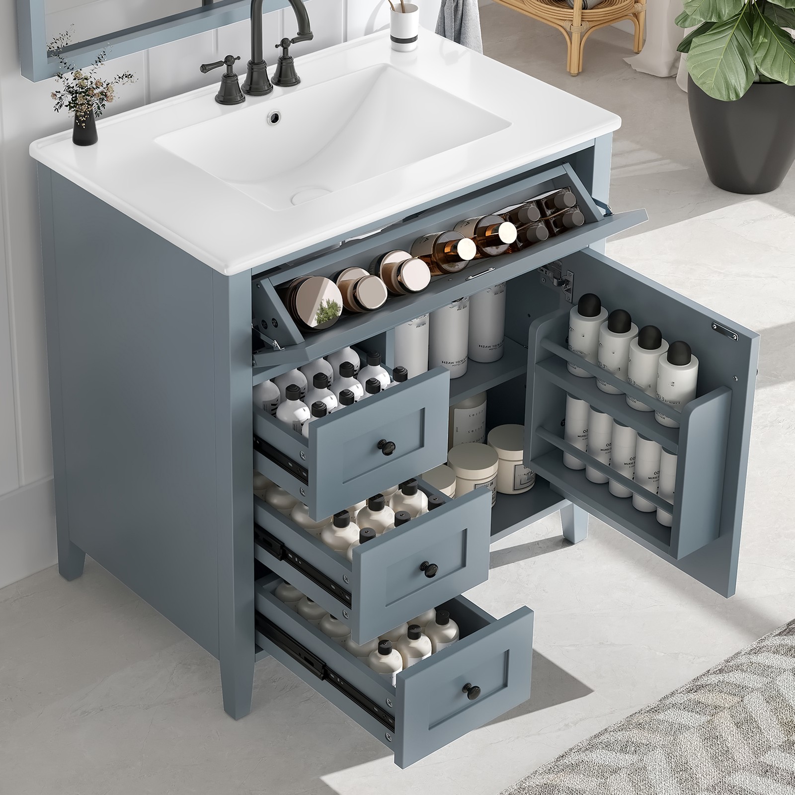 30″ Blue Gray Bathroom Vanity with Sink, 3 Drawers & Cabinet