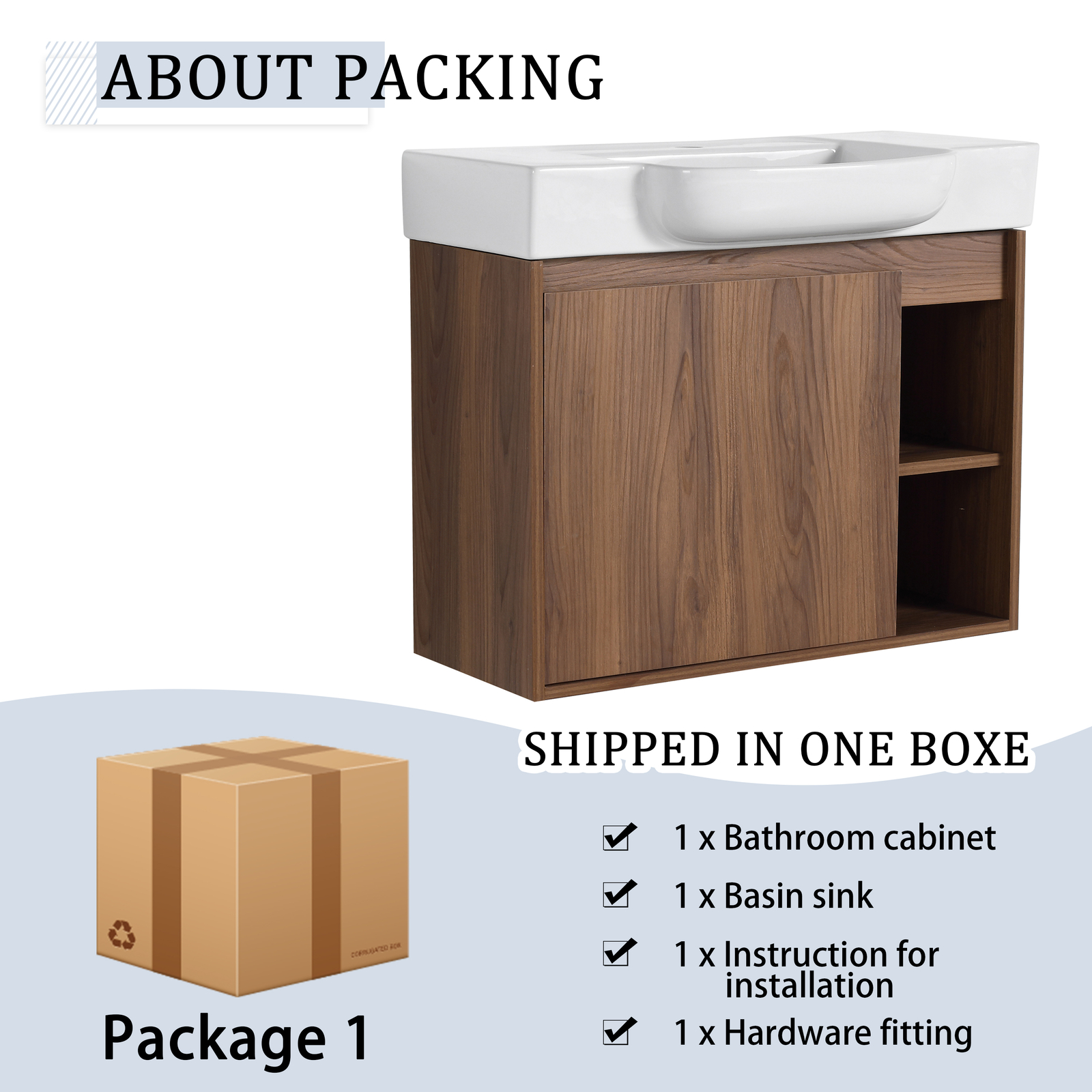 28” Plywood Wall-Mounted Bathroom Vanity Cabinet W/ Ceramic Sink /Shelves Brown