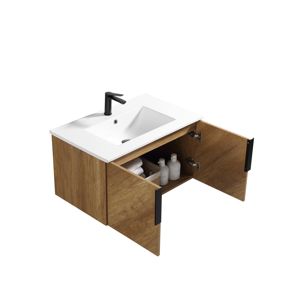 30″ Wall Mount Bathroom Vanity w/ Integrated Sink & 3D Fluted Panel