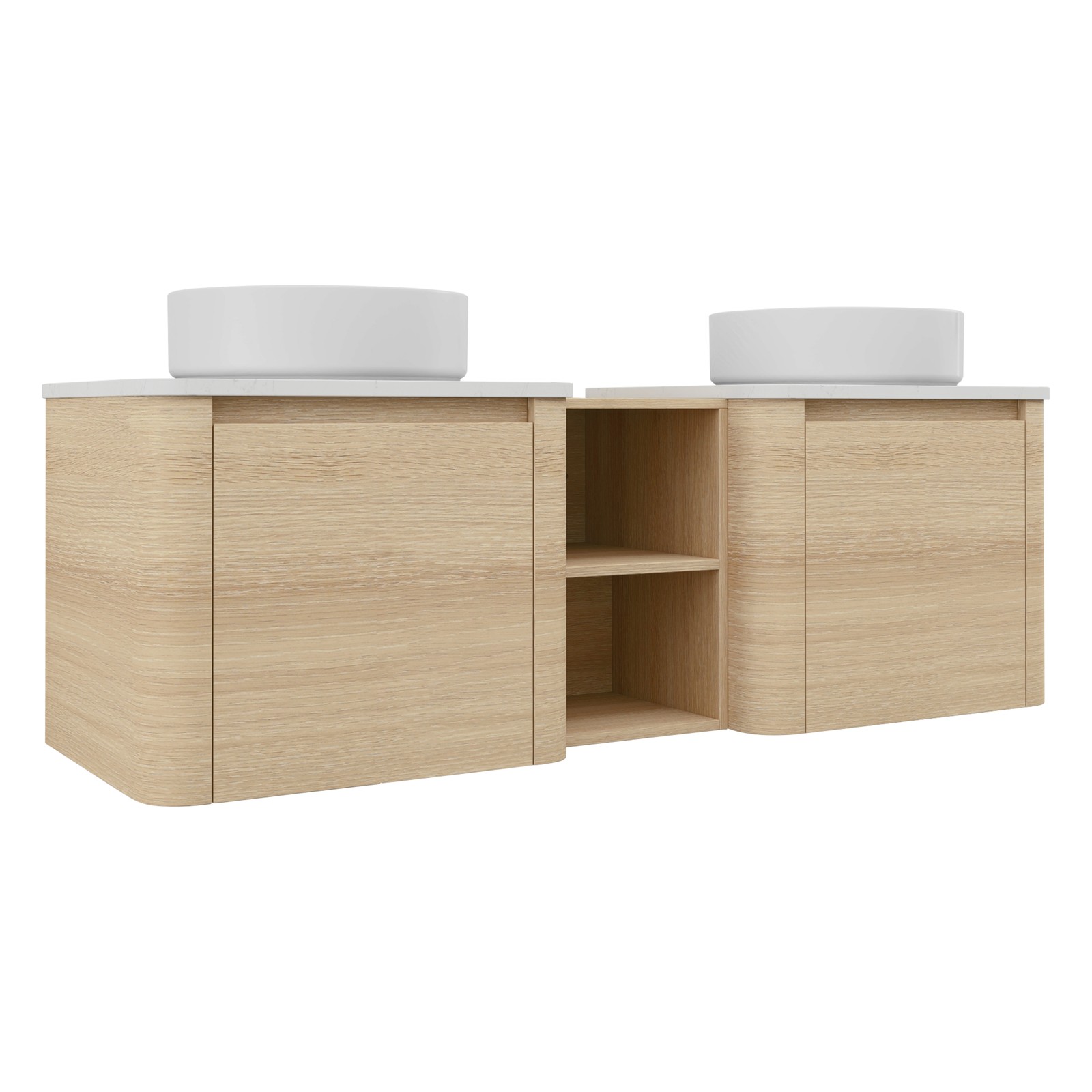 60 in Floating Bathroom Vanity Cabinet 2x White Ceramic Sink Basin +Open Shelves
