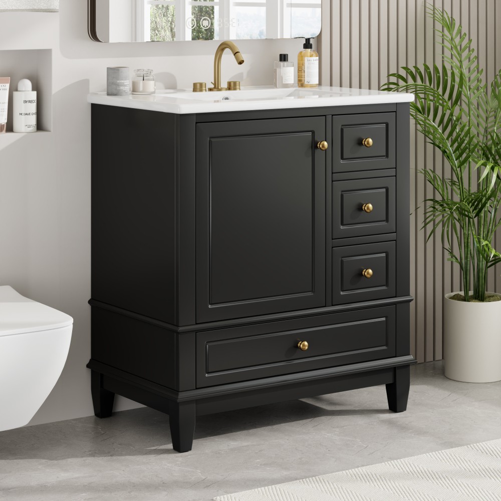 30″ Vanity w/Sink,Rubber Wood & MDF Cabinet,Soft Close Door,3 Drawers,Vietnam