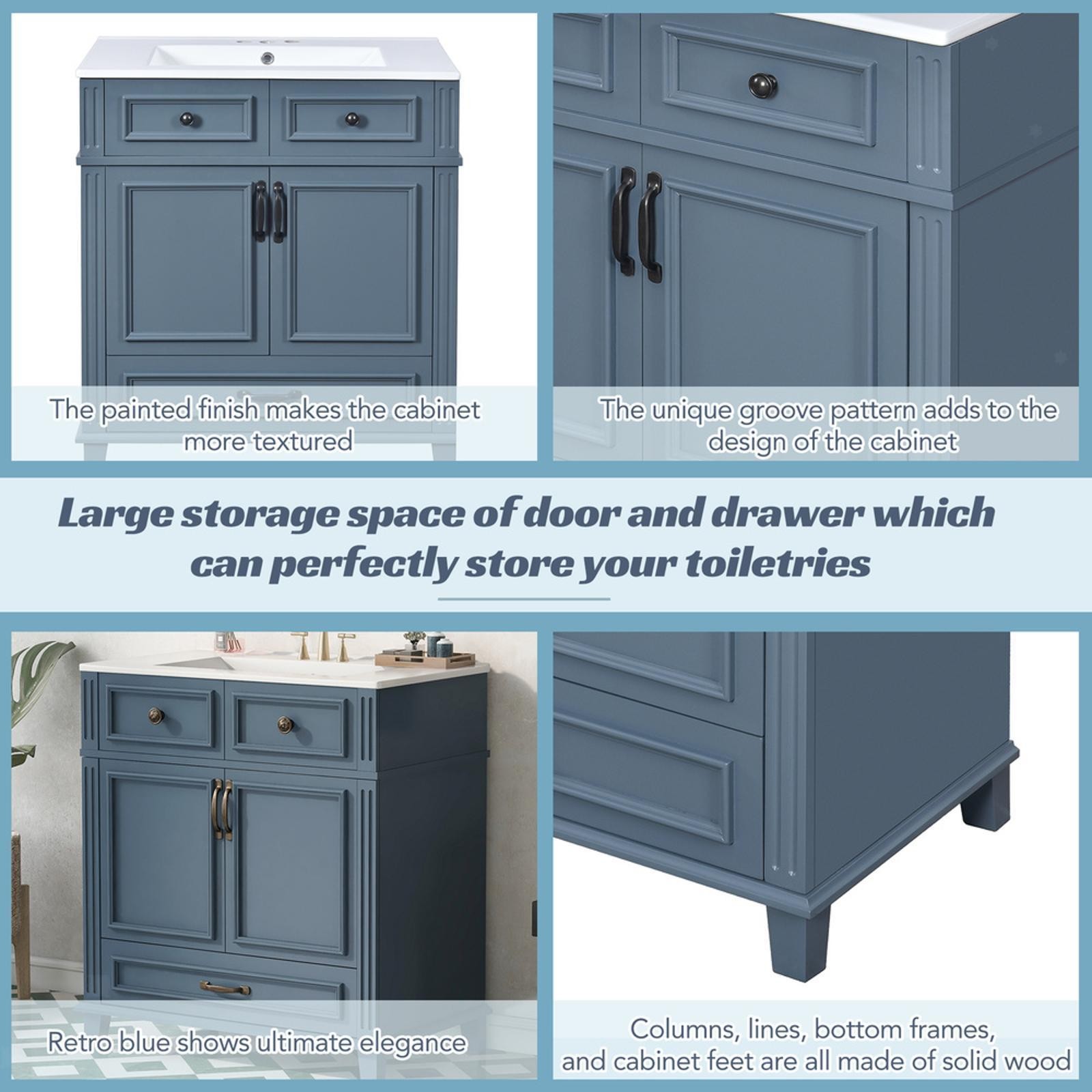30” Bathroom Vanity in Retro Blue, Solid Wood Frame & Ceramic Sink, Ample