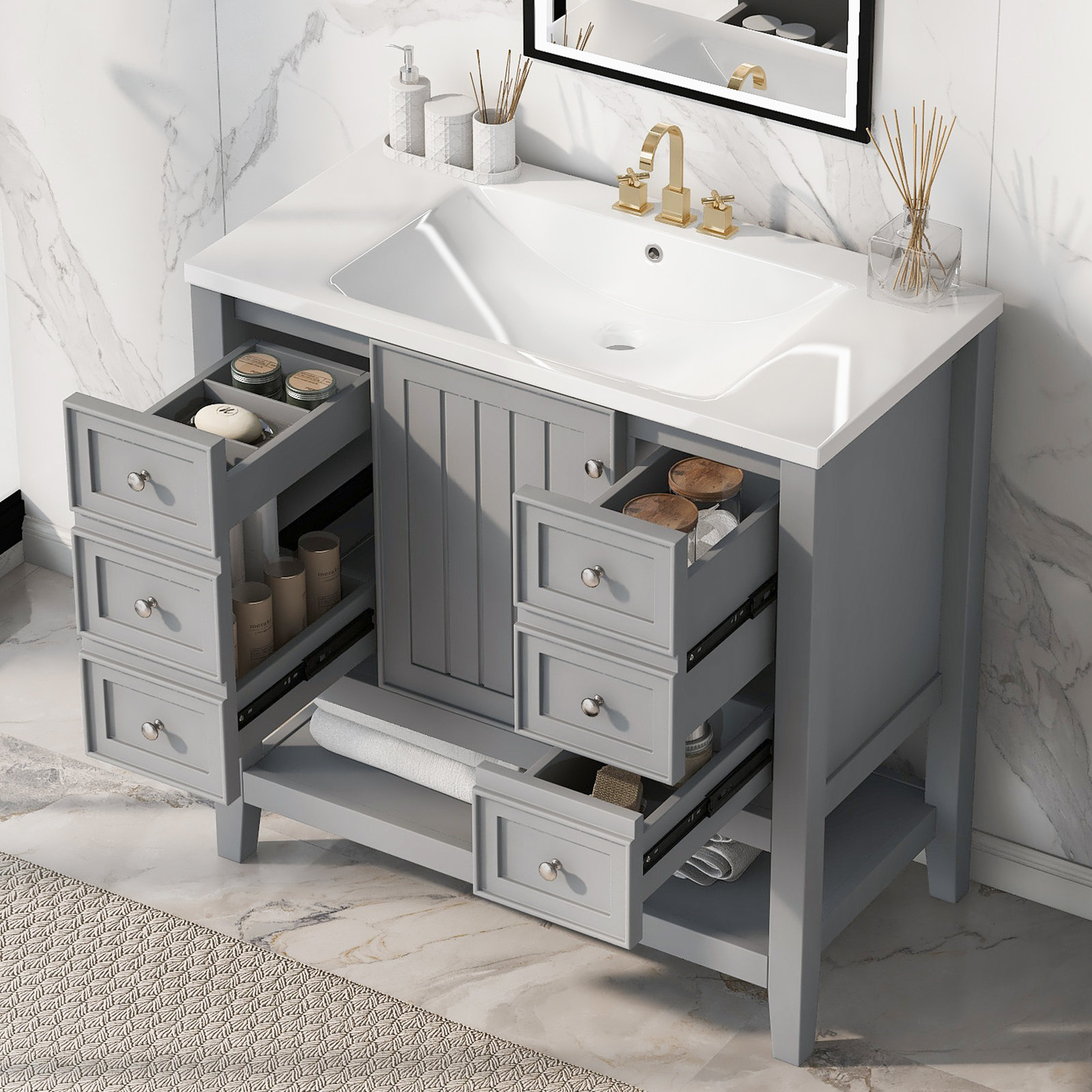 36″ Bathroom Vanity w/Sink,Freestanding Bath Vanity Cabinet,3 Drawers,Open Shelf