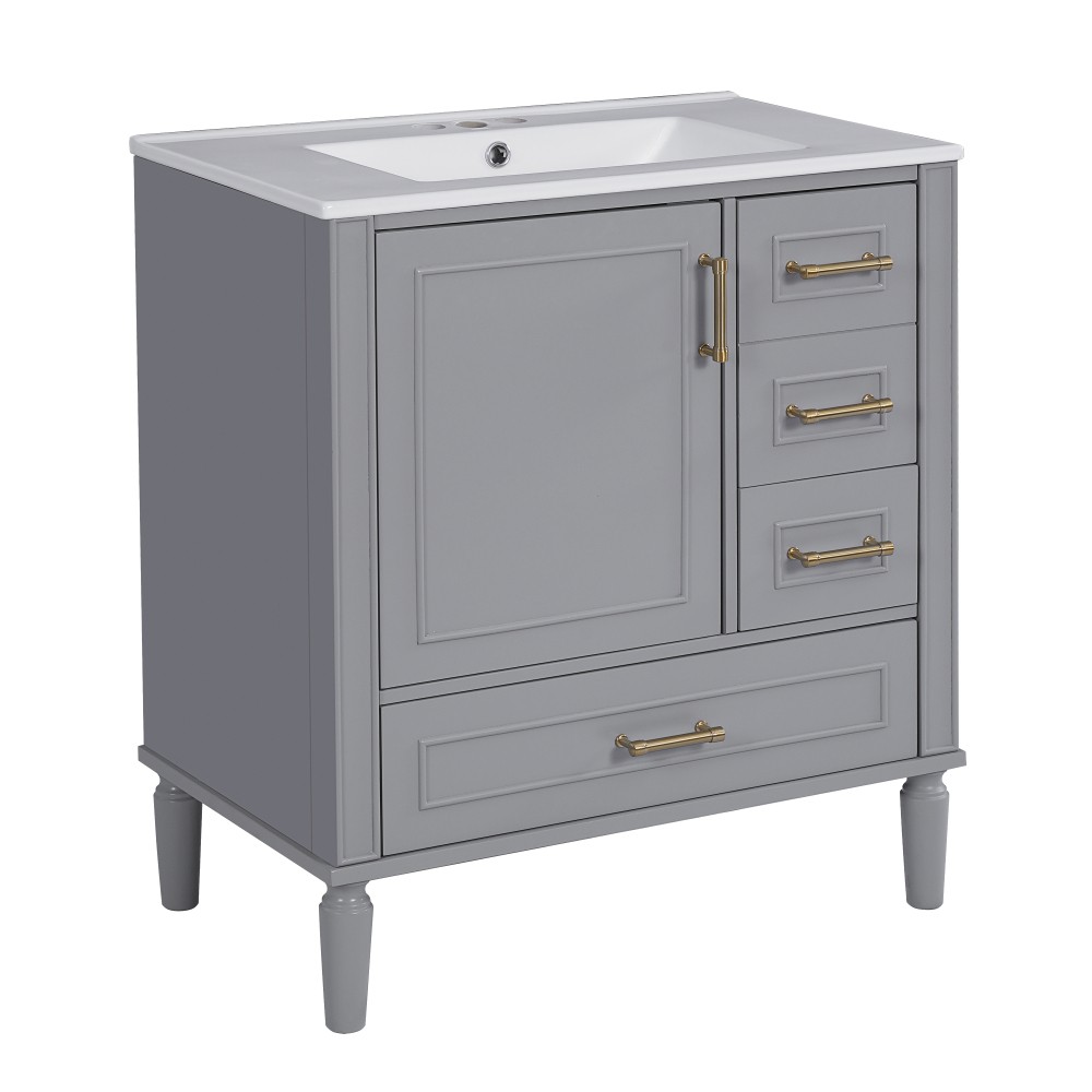 30″ Wood Bathroom Vanity Ceramic Sink Soft Close Door 3 Drawers Storage Cabinet