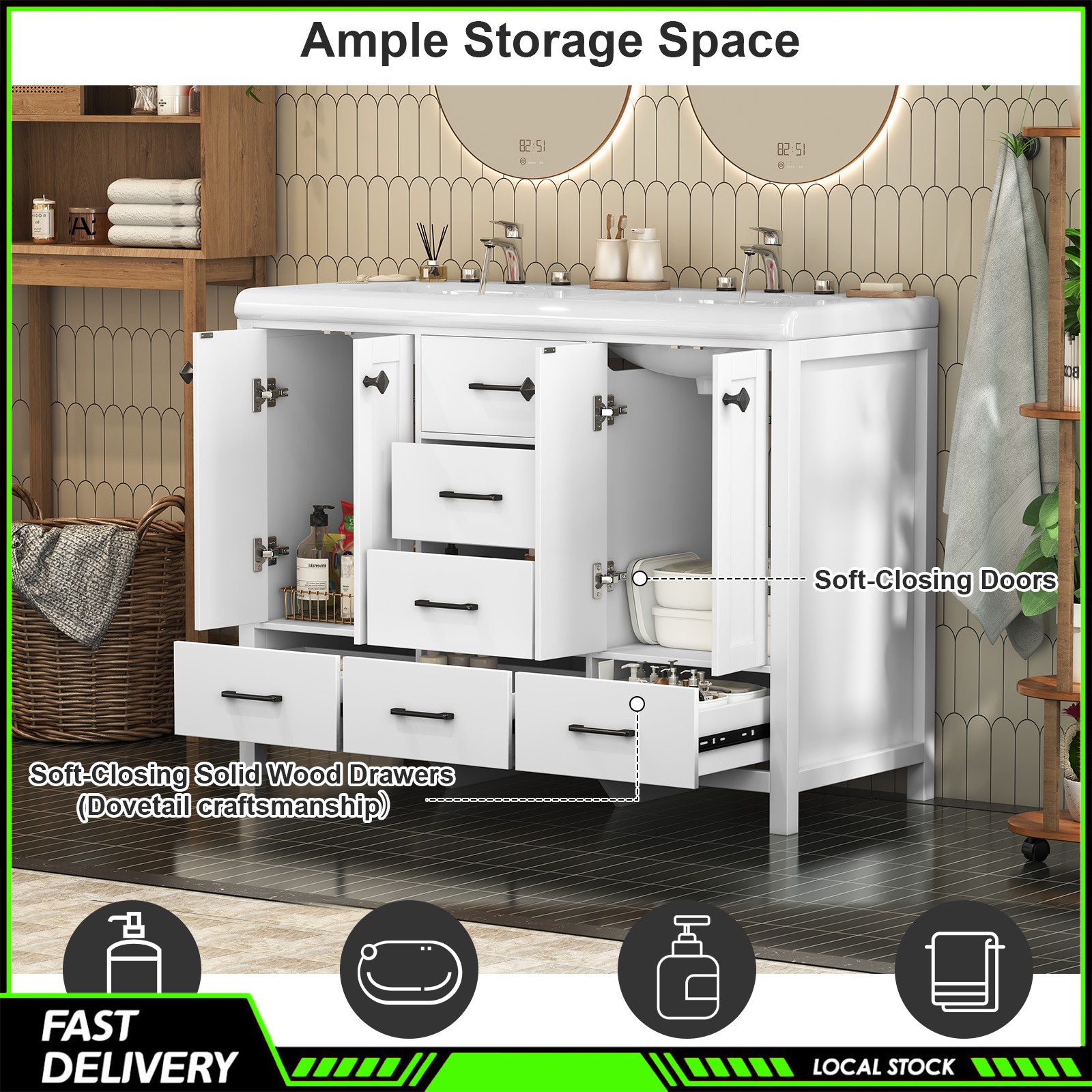 47.3 Inch Bathroom Vanity with Storage Double Ceramic Sinks Freestanding Cabinet