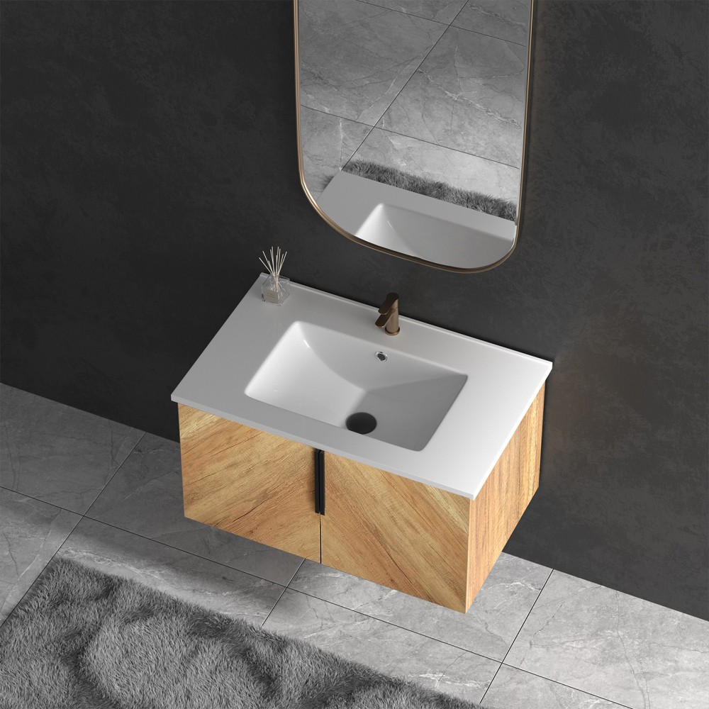 30″ Wall Mount Bathroom Vanity w/ Integrated Sink & 3D Fluted Panel