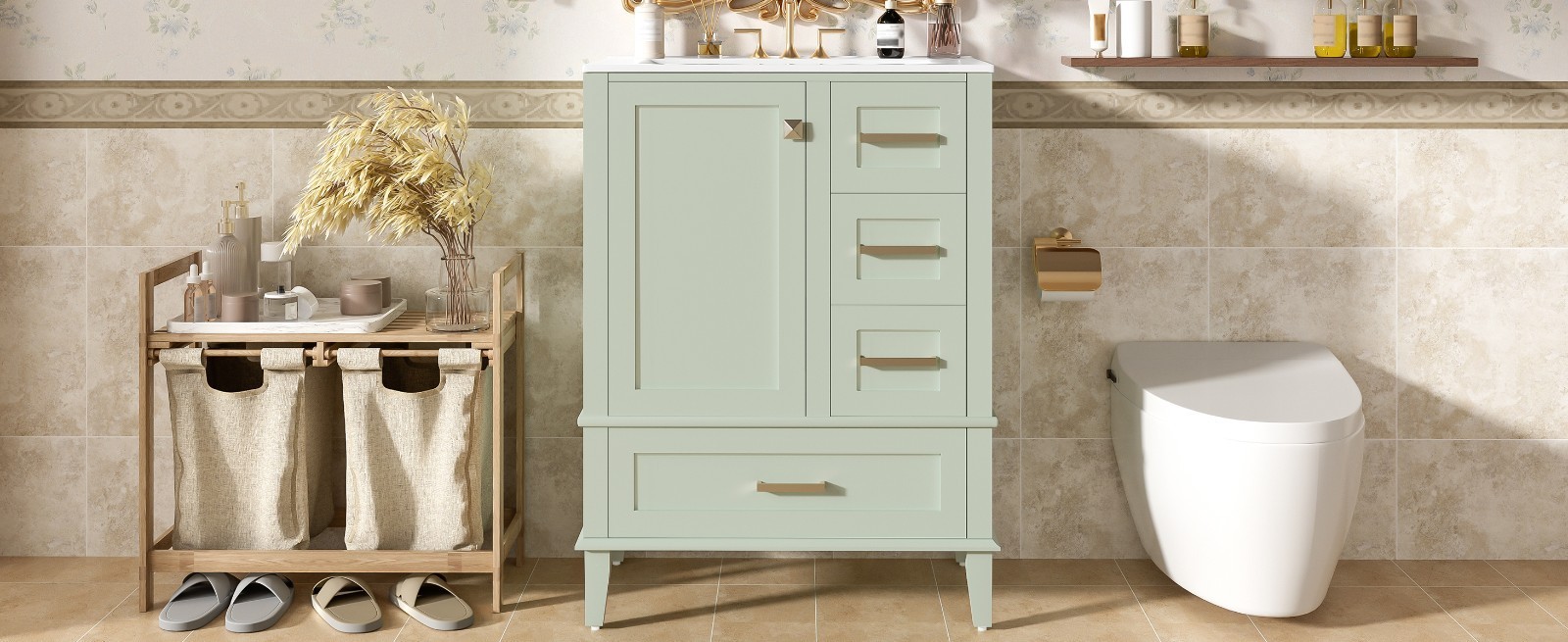 24.8″ Bathroom Vanity with Ceramic Sink,Freestanding Storage Cabinet w/Drawers