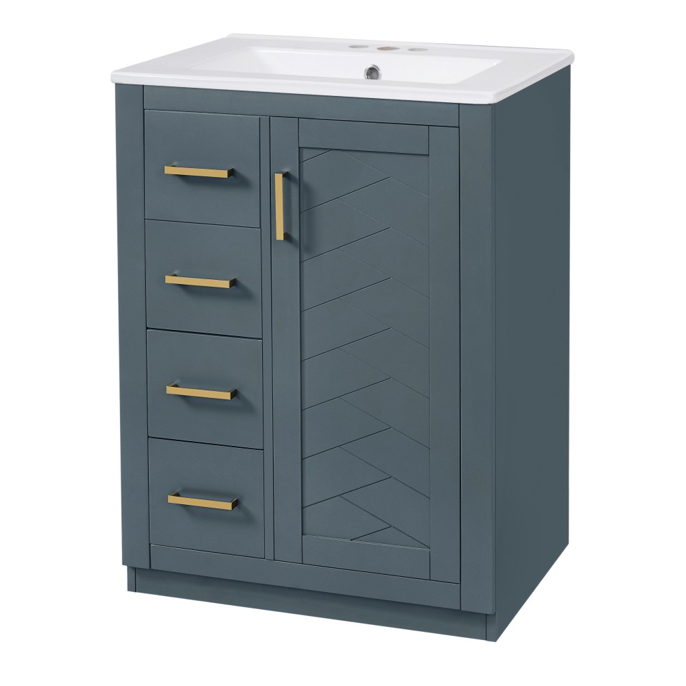 24 Inch Single Sink Bathroom Vanity Ceramic Top Drawers Storage Cabinet