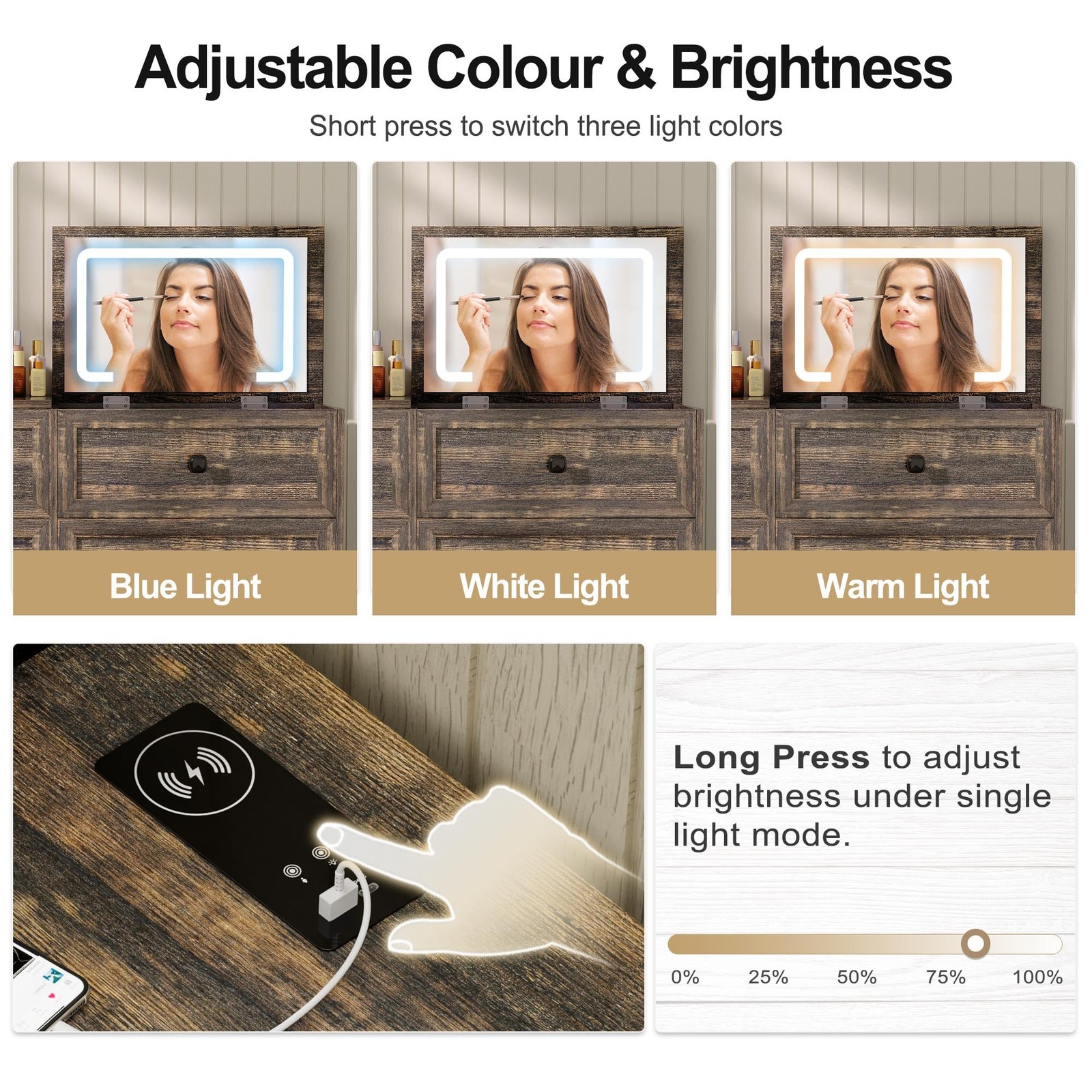 3-in-1 Vanity Desk Mirror Lights Charging Station Drawers Lock Stool
