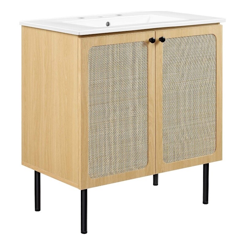 Modway Chaucer 30″ Wood & Rattan Bathroom Vanity in Oak/White