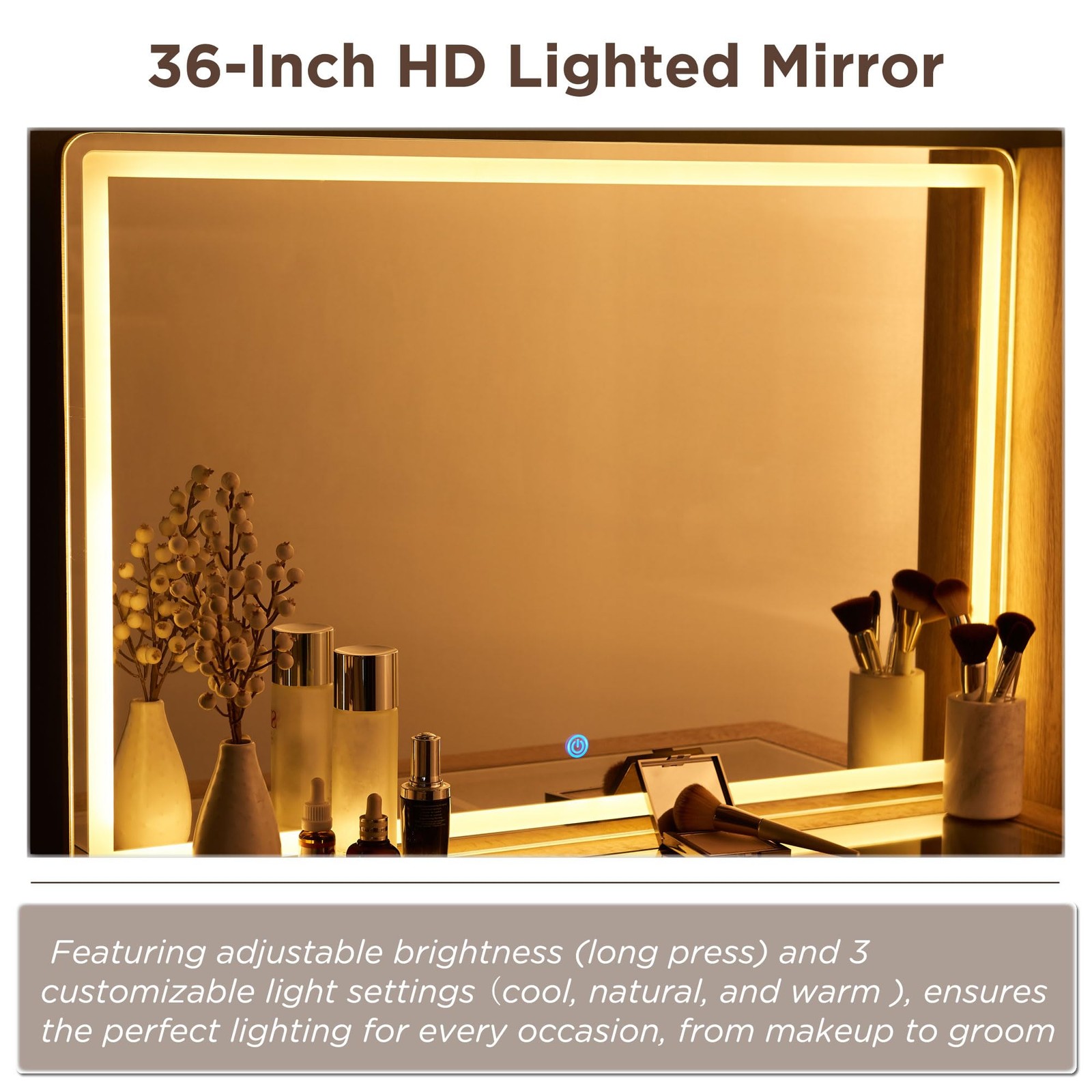 48in Fluted Vanity Desk 36in Mirror Lights Adjustable Shelves 5 Drawers