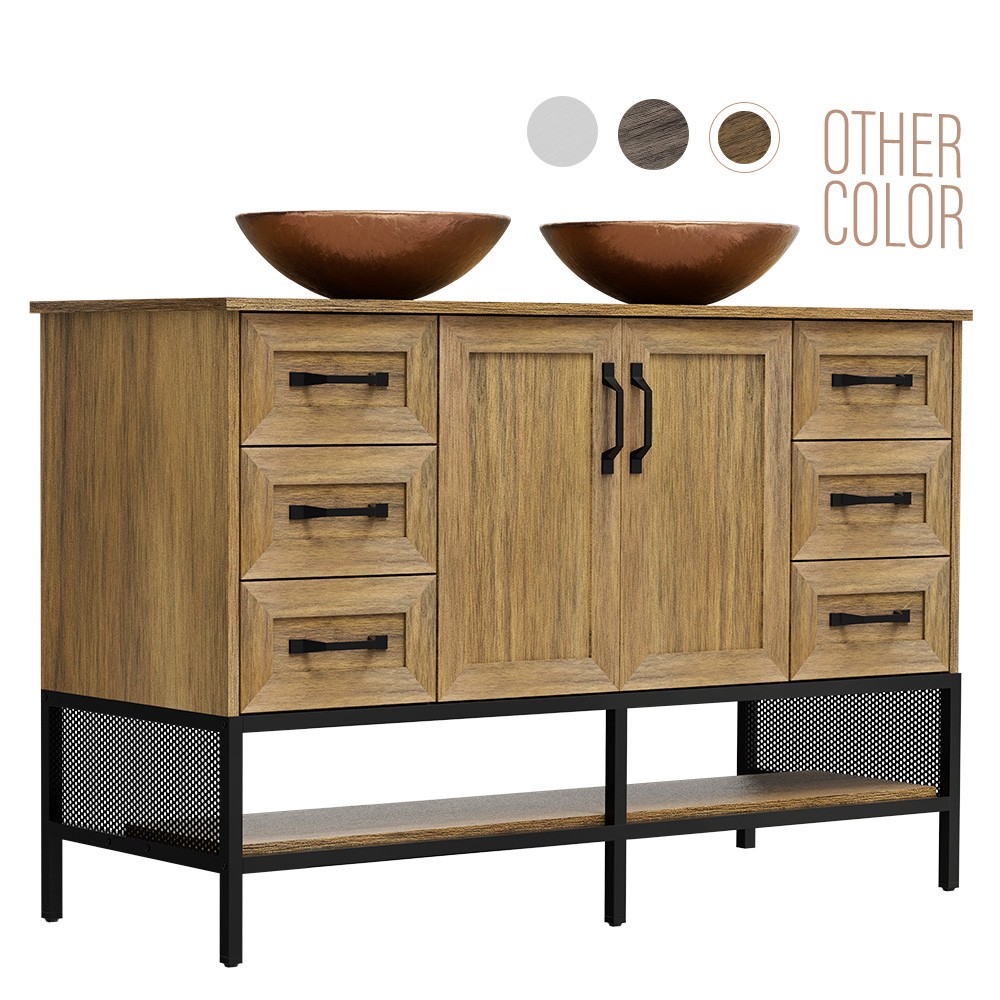 48-inch Bathroom Vanity with Tempered Glass Vessel Modern Iron Wood Cabinet Oak