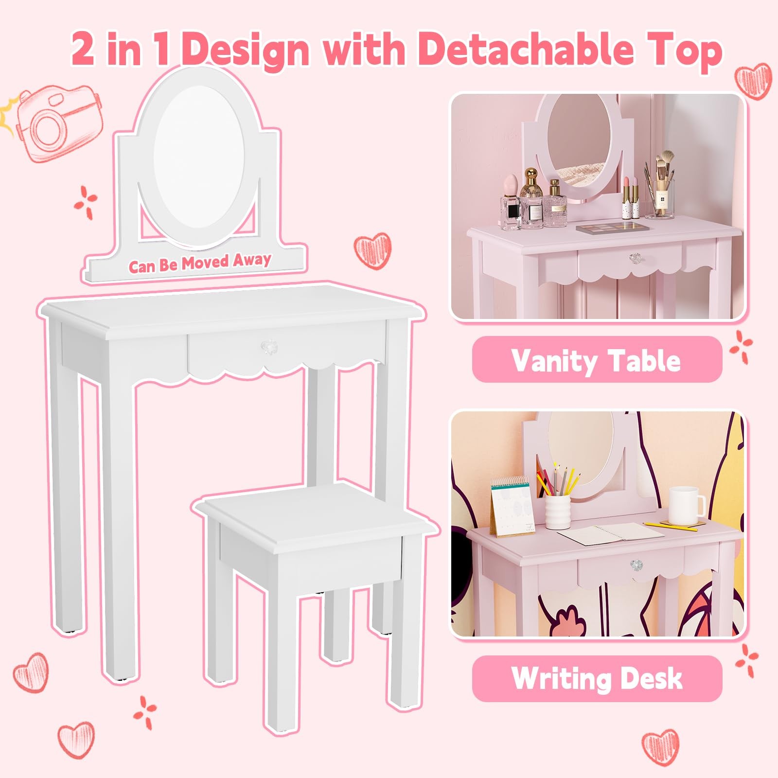 Kids Vanity Set Mirror Stool Wooden Makeup Desk Detachable Top Drawer White
