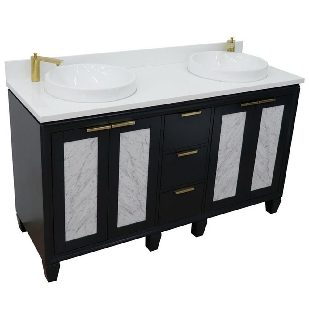 Pemberly Row 61″ Double Round Sink Vanity in Dark Gray/White Quartz Stone