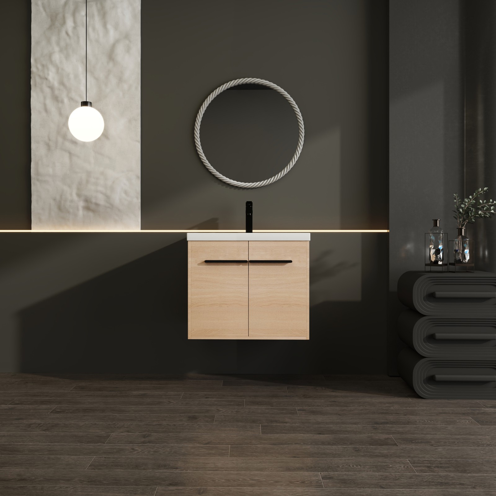 24″ Floating Wall Mounted Bathroom Vanity Cabinet with Resin Basin Natural Oak