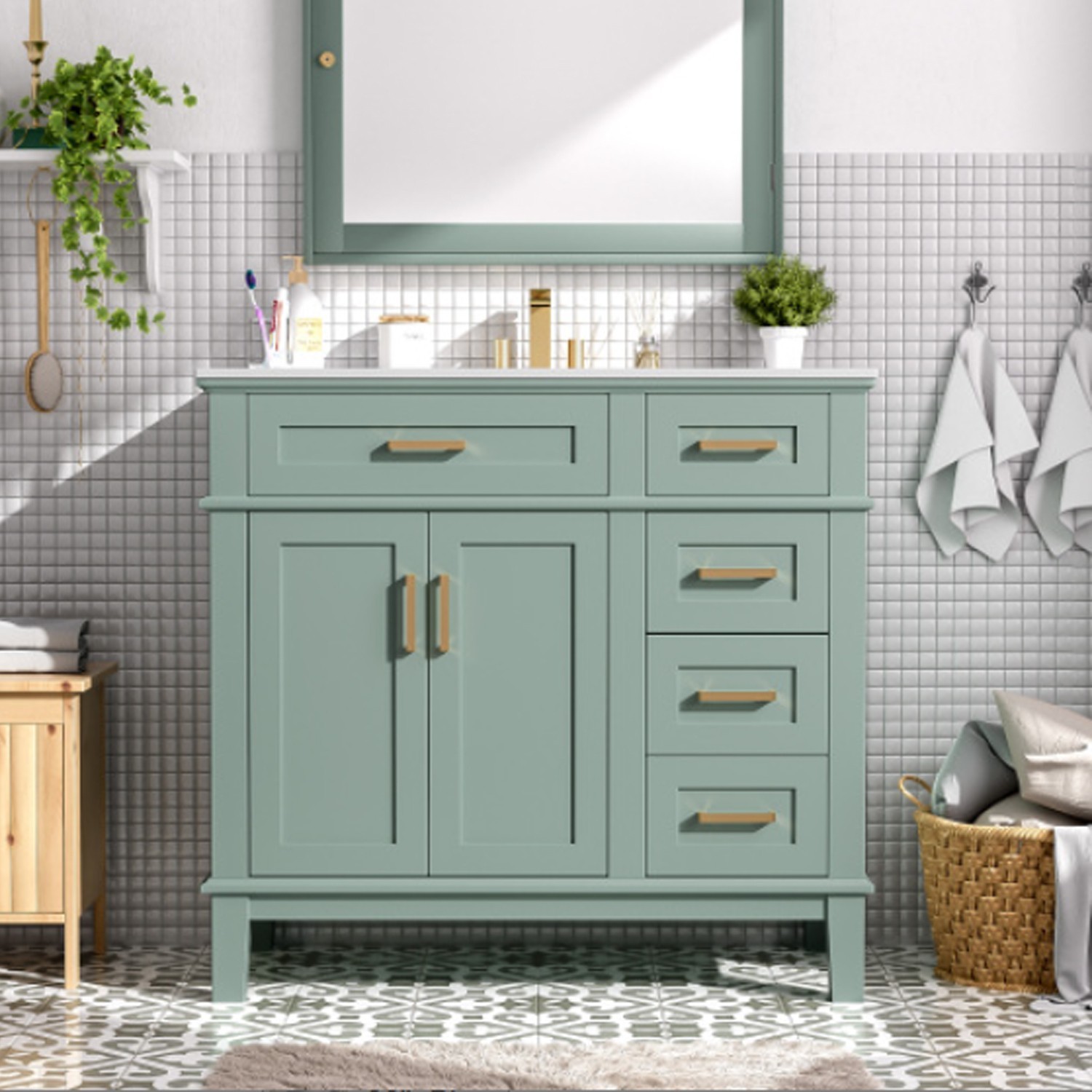 36”W Modern Bathroom Vanity Light Green Vanity For Bathroom With Three Drawers