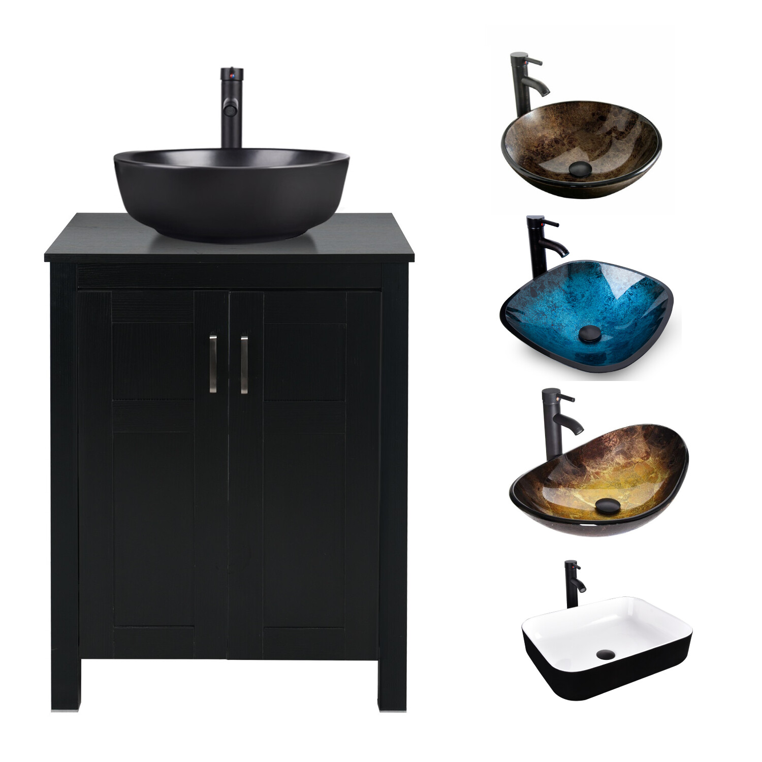 24” Bathroom Vanity Wood Cabinet Vessel Sink Faucet Pop up Drain Ceramic Glass