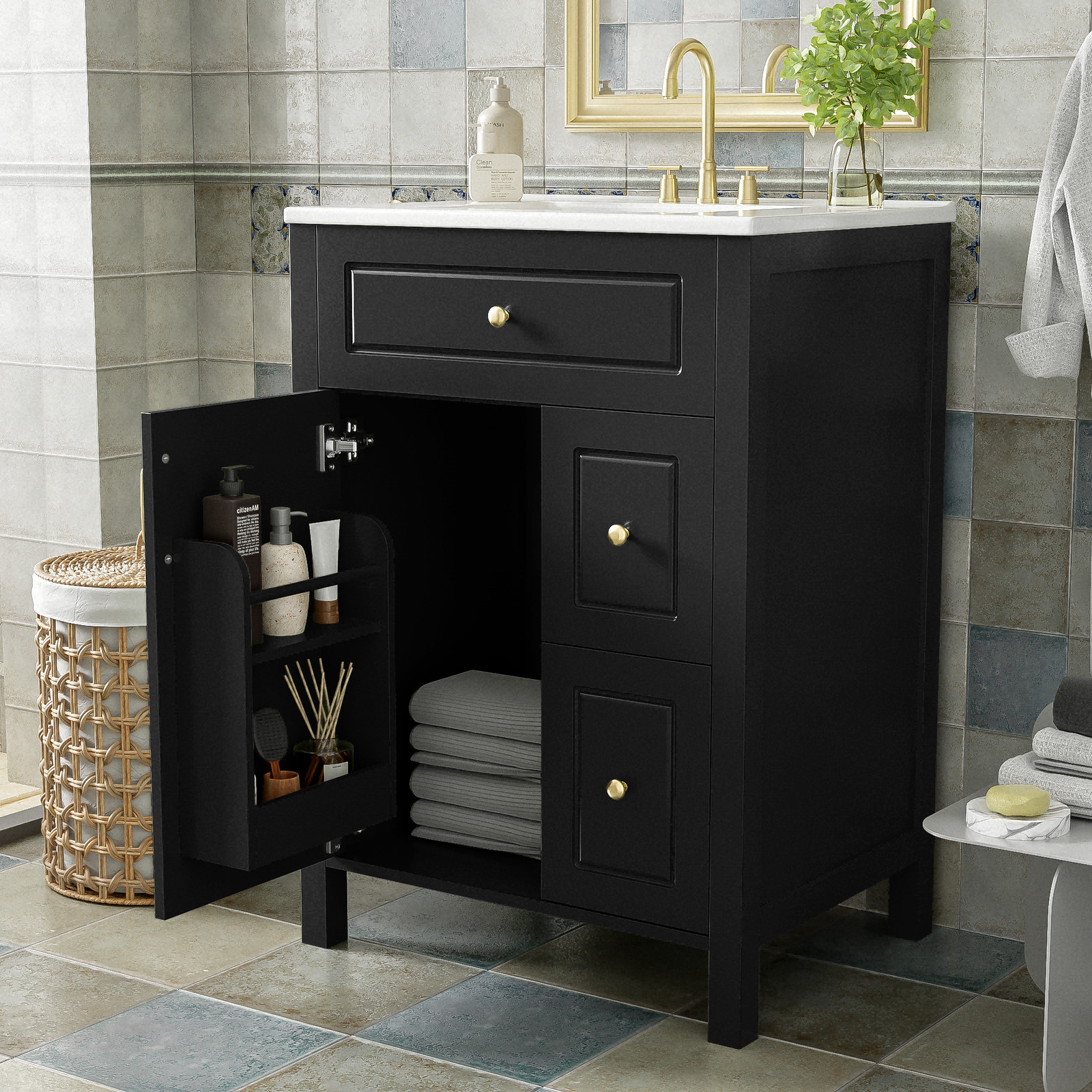 24″ Bathroom Vanity with Ceramic Sink, Modern Storage Cabinet w/Soft Close Door