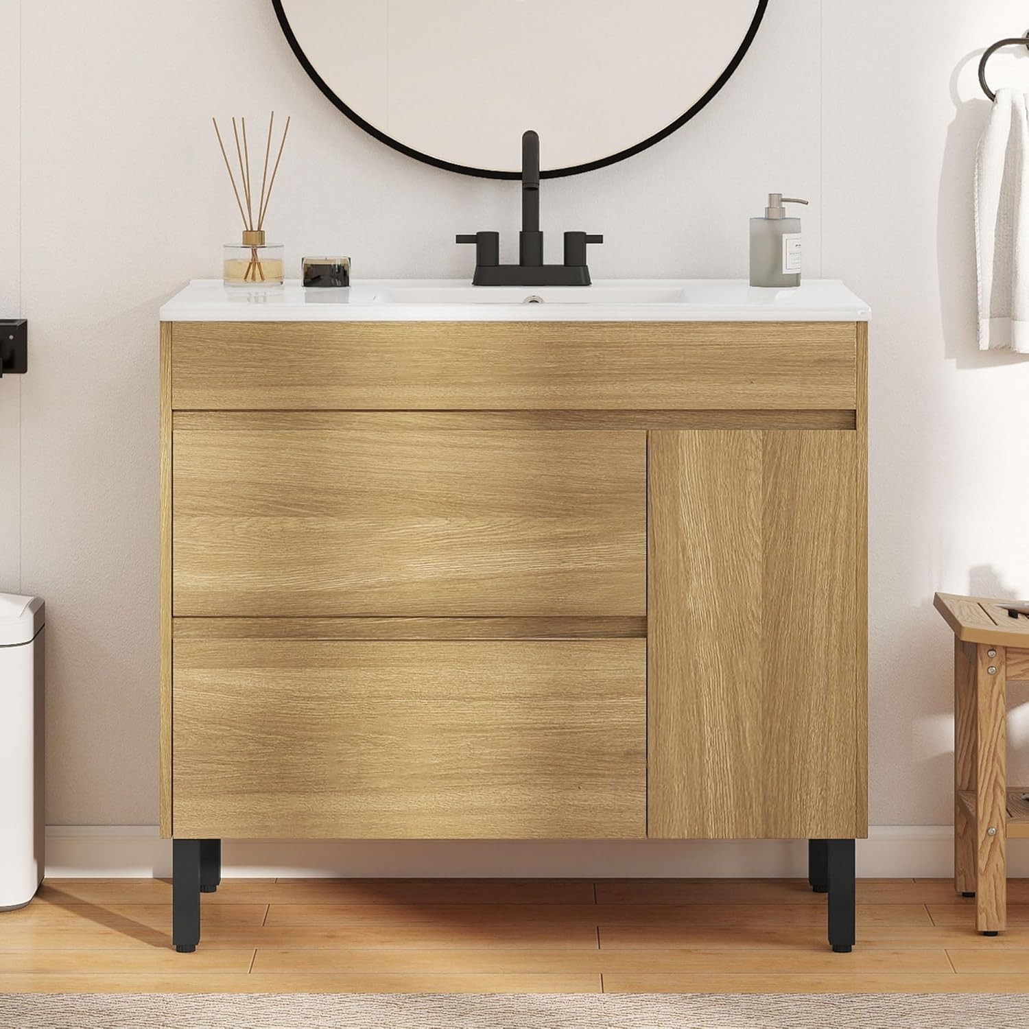 36 Inch Bathroom Vanity with Ceramic Sink, 1 Cabinet & 2 Drawers, Natural Brown