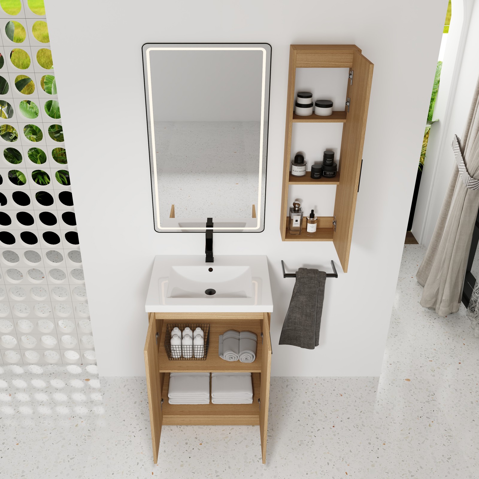24″ Freestanding Bathroom Vanity Set with Tall Linen Cabinet, Light Oak