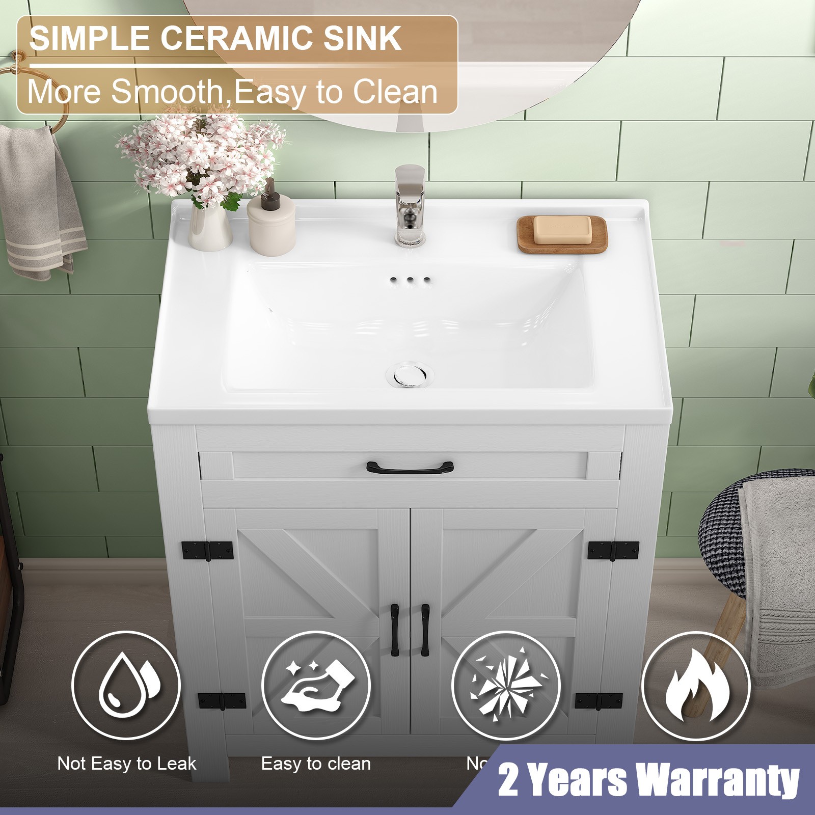 31 Inch Bathroom Vanity Cabinet Ceramic Sink Double Doors Storage Cabinet
