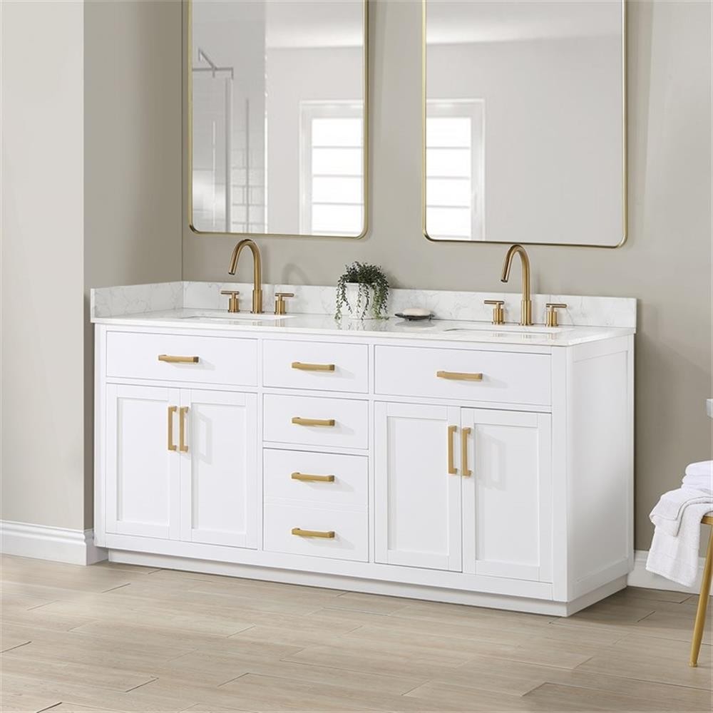Gavino 72″ Wood Vanity in White with Grain White Composite Stone Top no Mirror