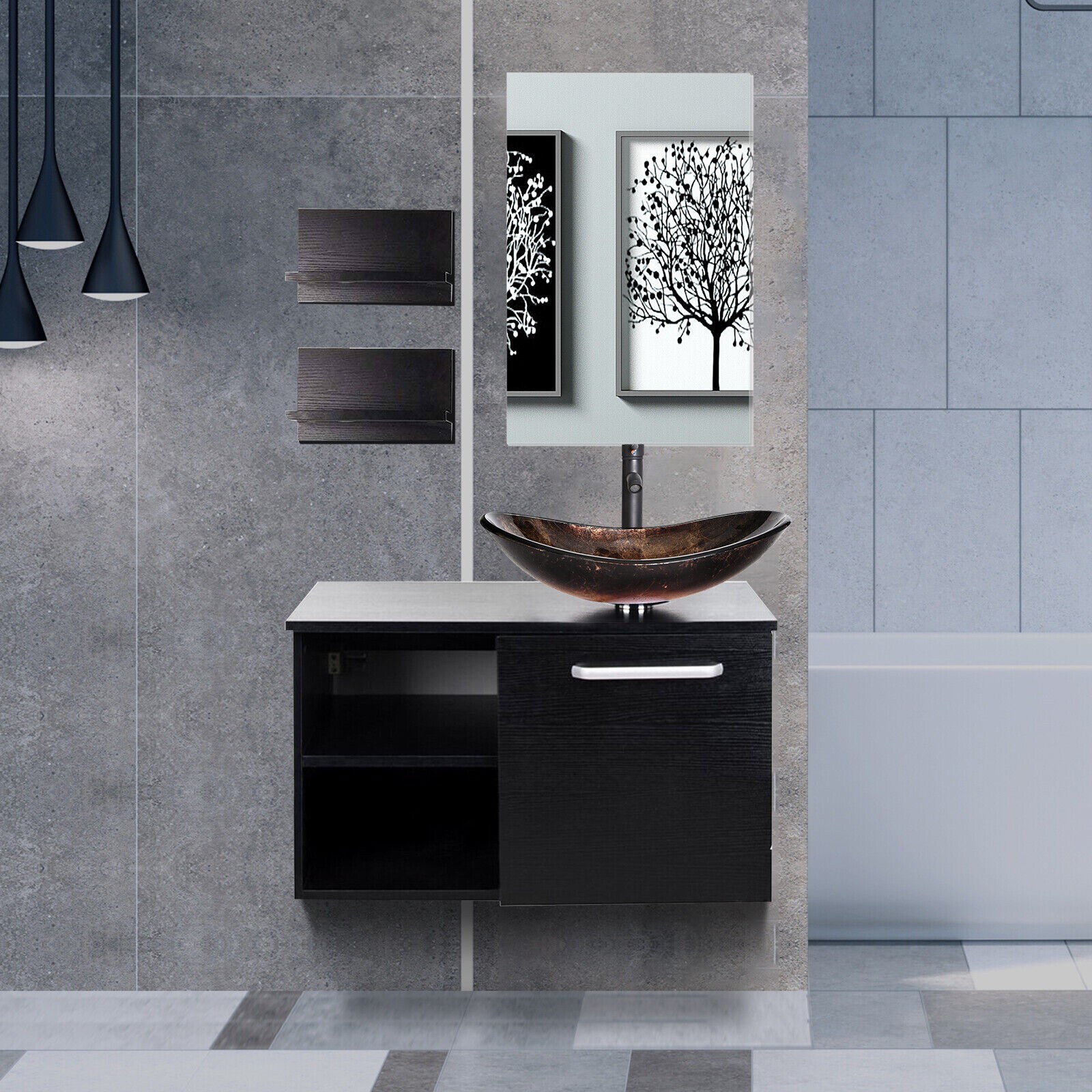 28″ Floating Bathroom Vanity Set Tempered Glass Vessel Sink Wall Mounted Cabinet