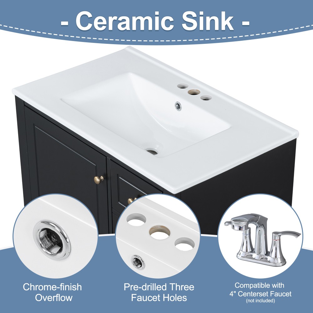 30″ Vanity w/Sink,Rubber Wood & MDF Cabinet,Soft Close Door,3 Drawers,Vietnam