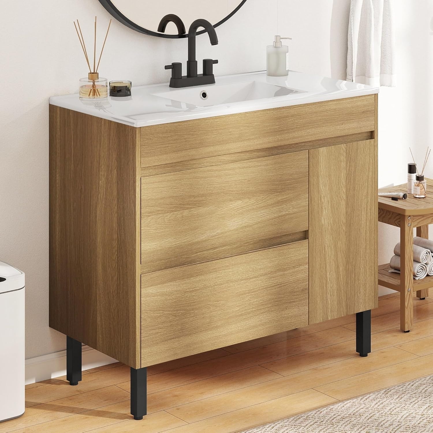 36 Inch Bathroom Vanity with Ceramic Sink, 1 Cabinet & 2 Drawers, Natural Brown