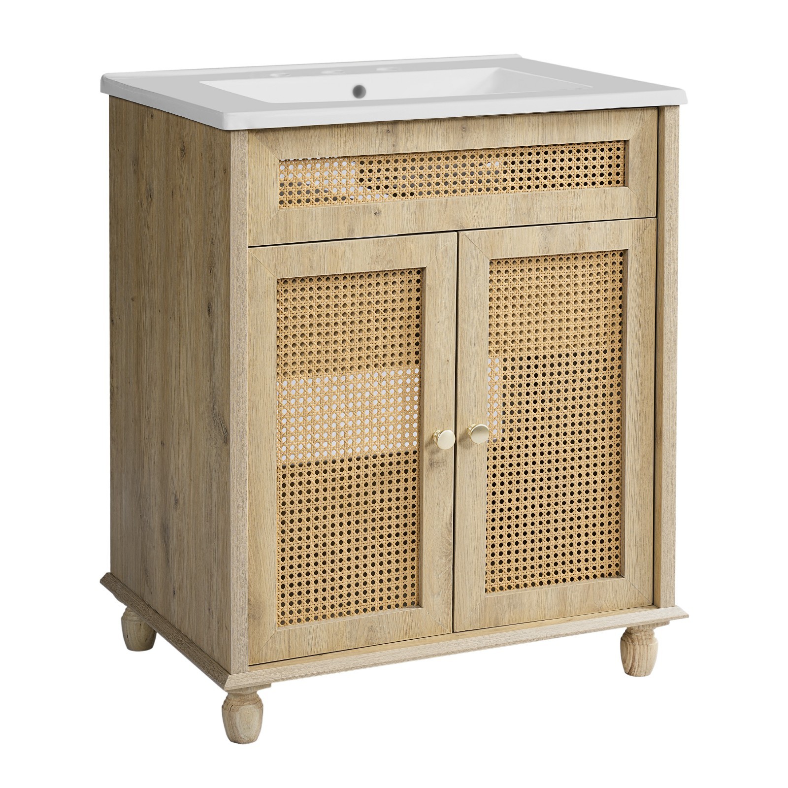 30 In Bathroom Vanity Handwoven Rattan Doors Solid Wood Legs Resin Sink Cabinet