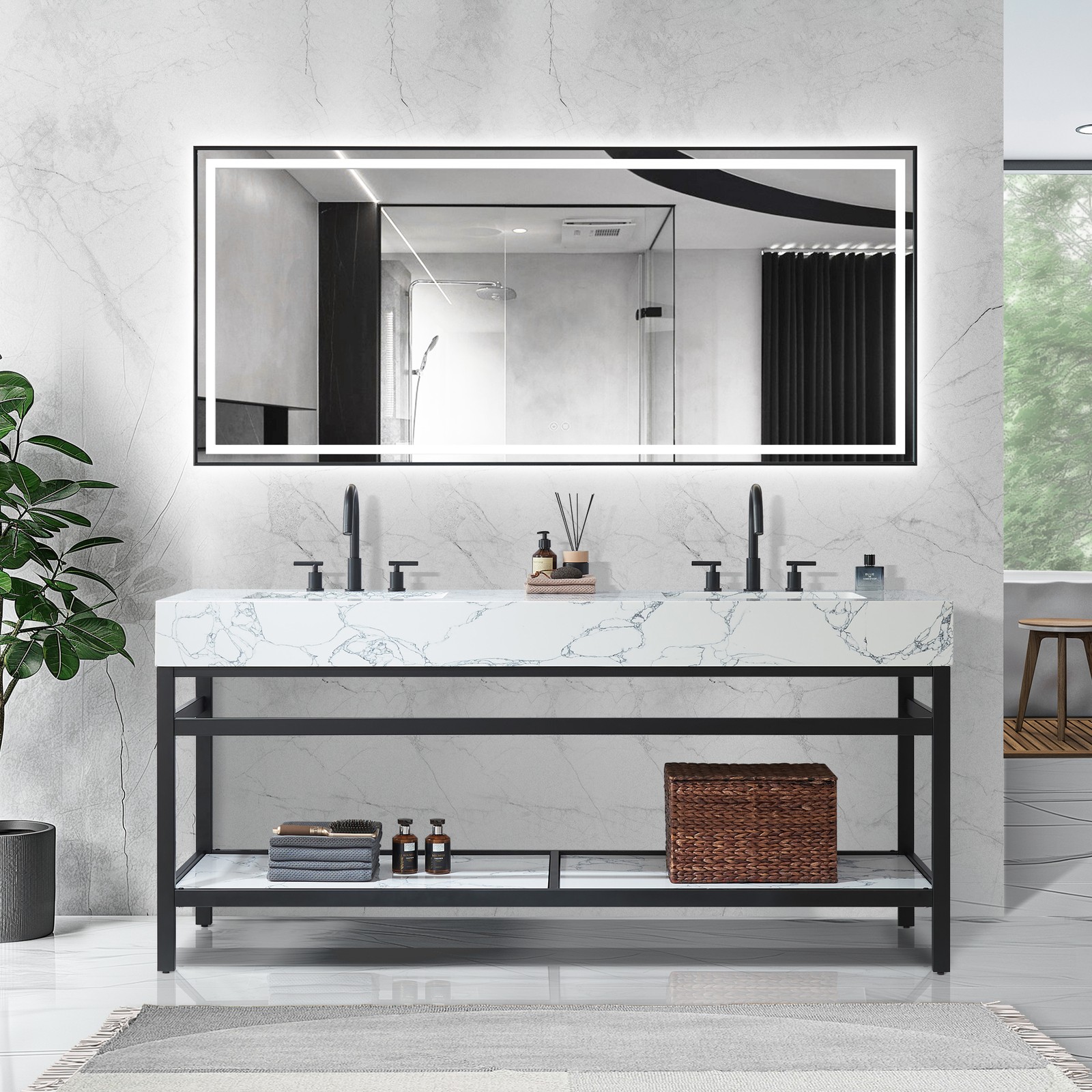 Ecija 72″ Double Matte Black Metal Bath Vanity with Pandora White Composite Top