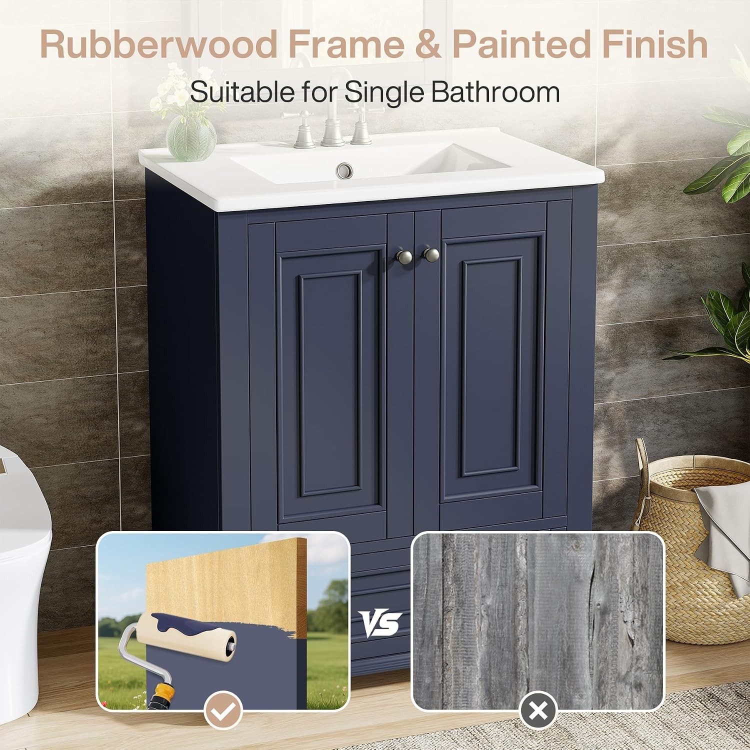 24″ Bathroom Vanity with Ceramic Sink Combo Navy Blue Cabinet w/ Doors & Drawer