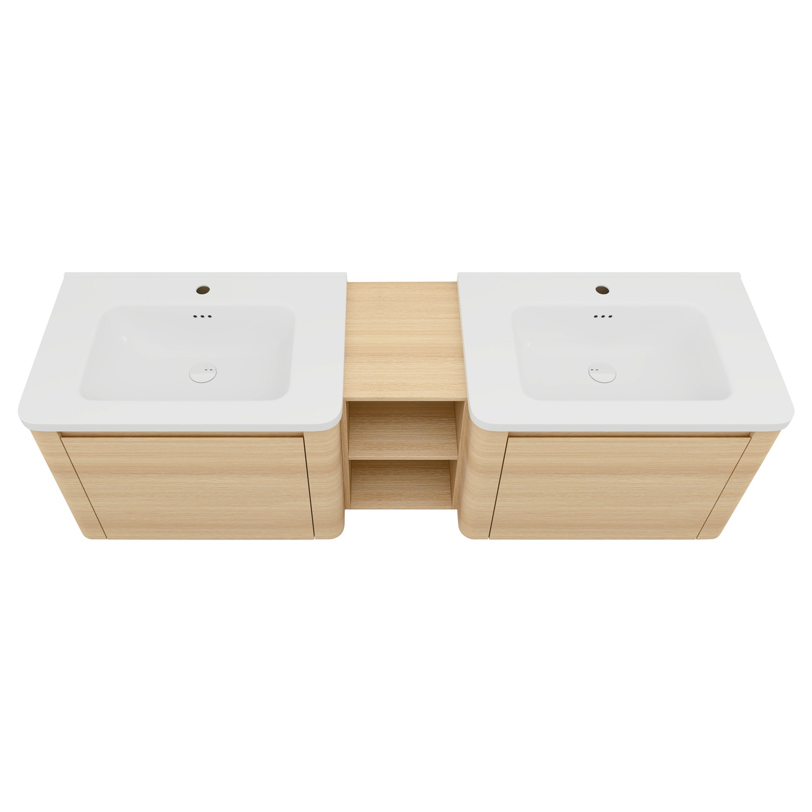 68in Plywood Wall-Mounted Bathroom Vanity W/ 2x White Ceramic Sink and Shelves